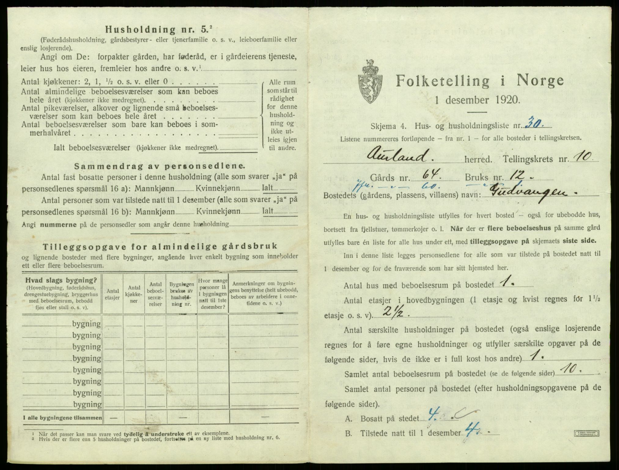 SAB, 1920 census for Aurland, 1920, p. 792