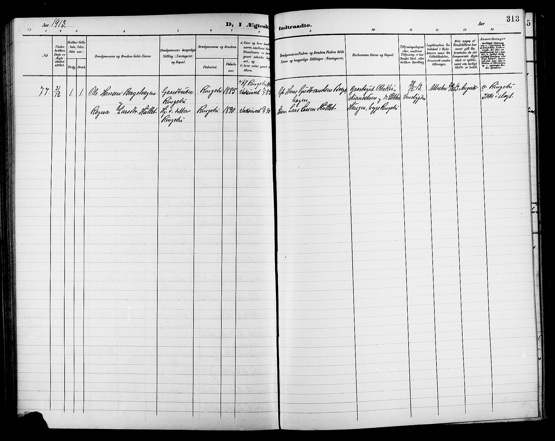 Lillehammer prestekontor, SAH/PREST-088/H/Ha/Hab/L0001: Parish register (copy) no. 1, 1901-1913, p. 313