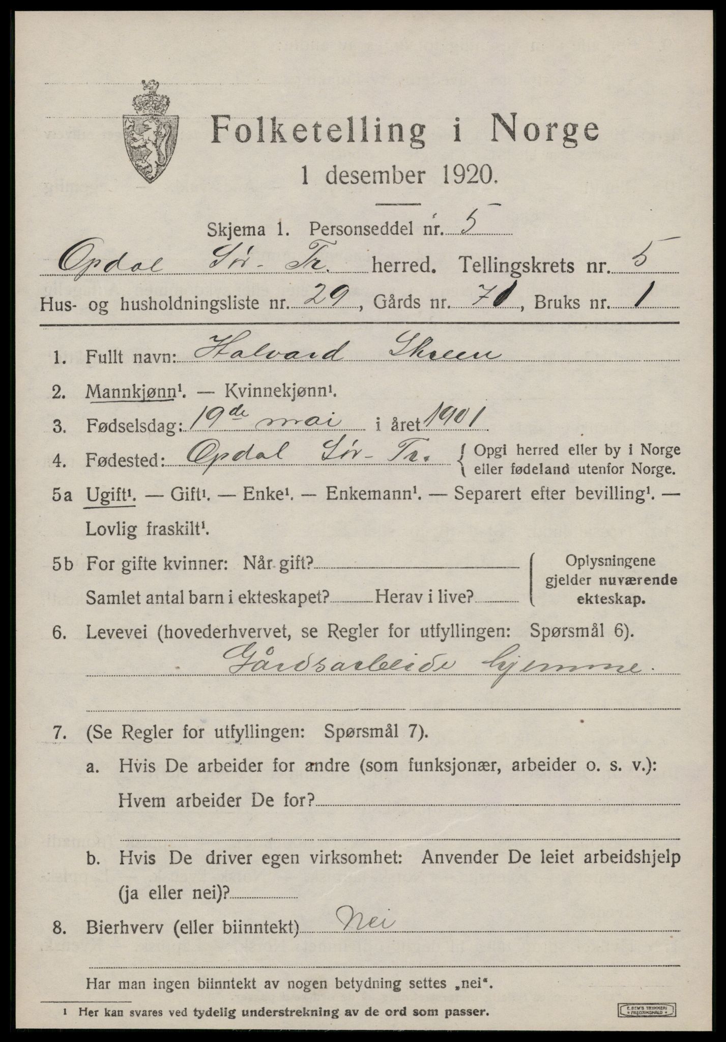 SAT, 1920 census for Oppdal, 1920, p. 5289