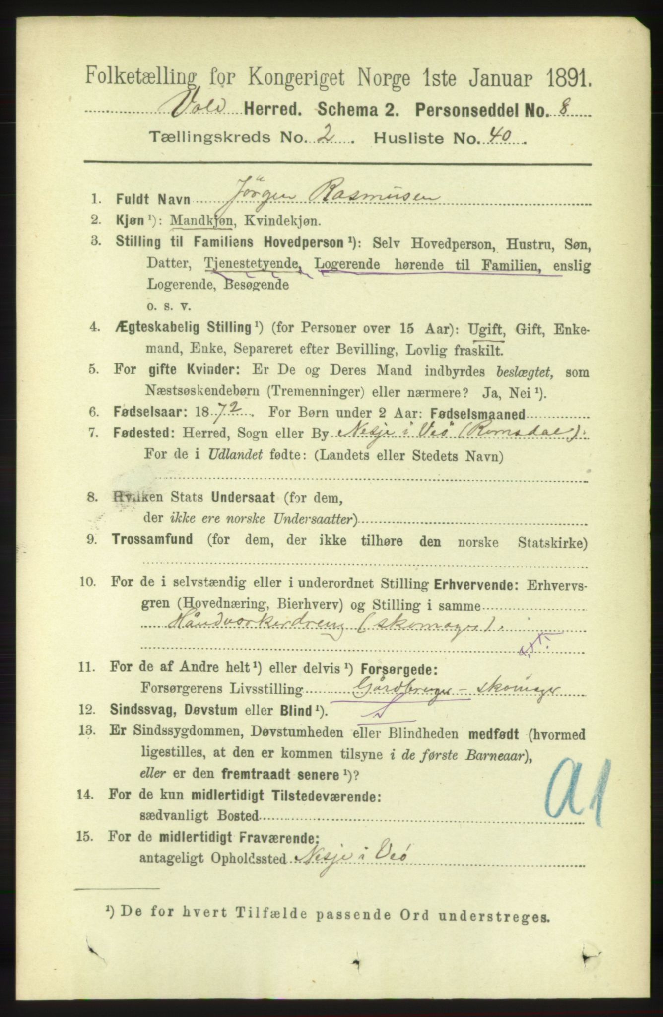 RA, 1891 census for 1537 Voll, 1891, p. 902