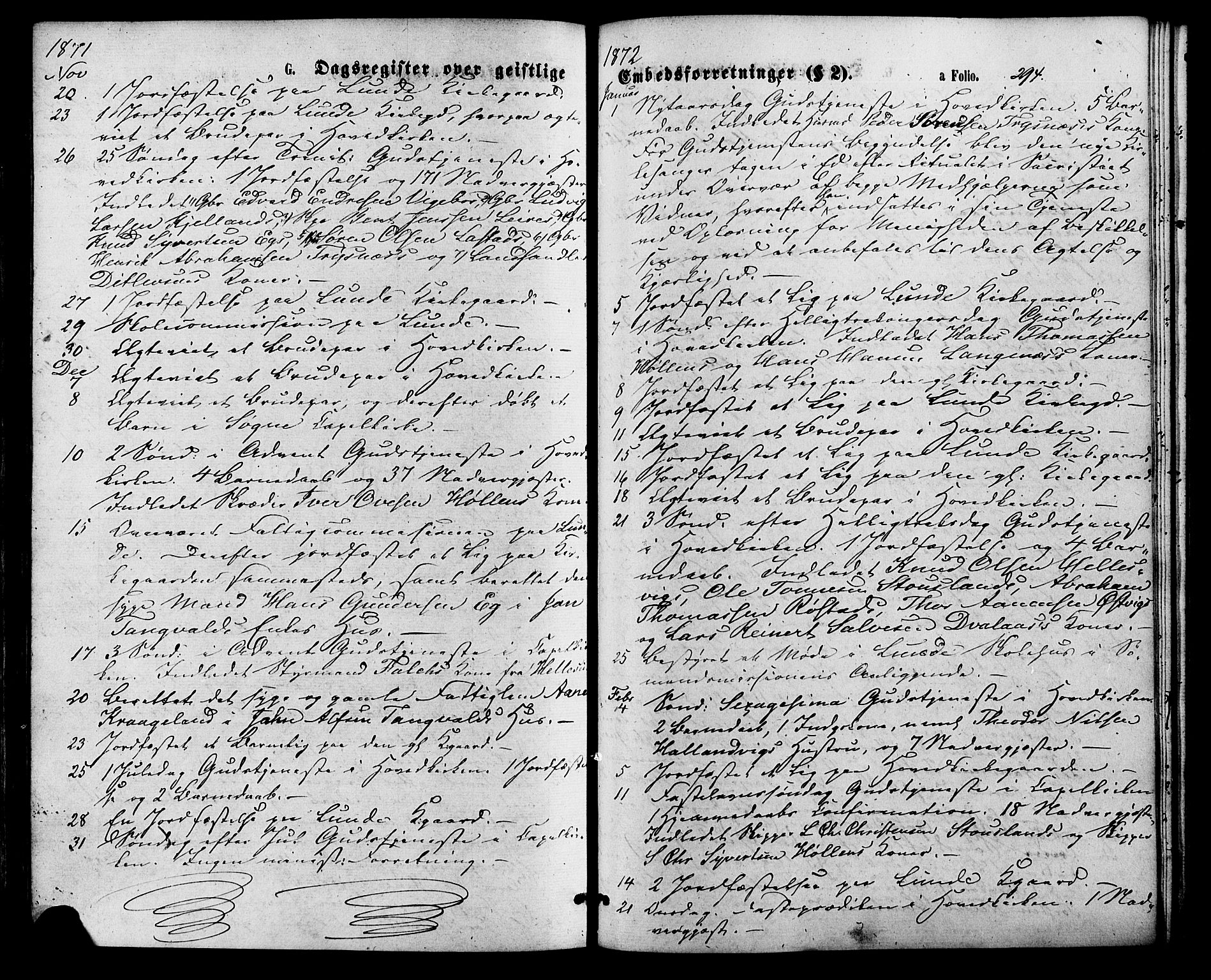 Søgne sokneprestkontor, SAK/1111-0037/F/Fa/Fab/L0011: Parish register (official) no. A 11, 1869-1879, p. 294