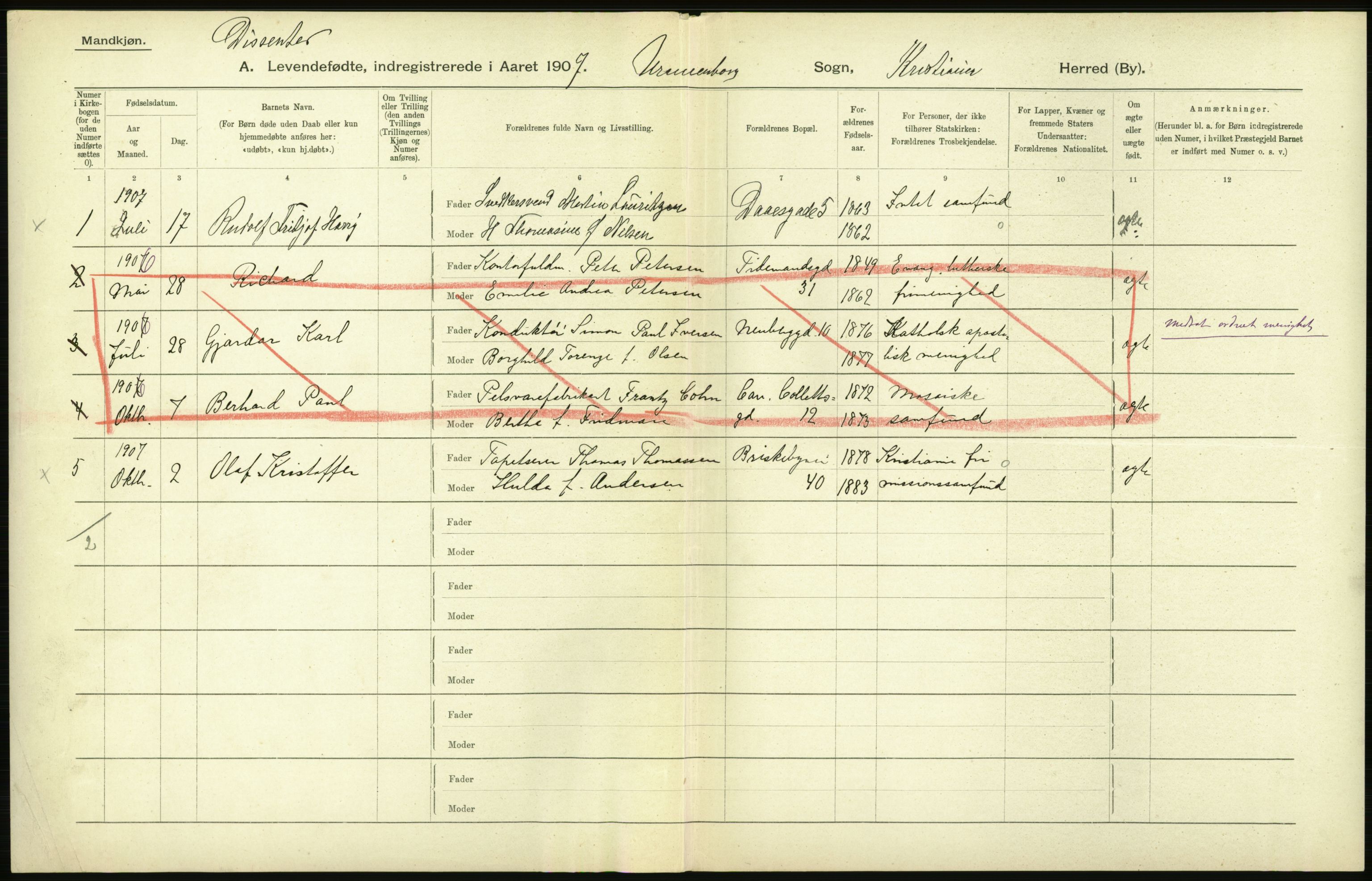 Statistisk sentralbyrå, Sosiodemografiske emner, Befolkning, AV/RA-S-2228/D/Df/Dfa/Dfae/L0006: Kristiania: Levendefødte menn og kvinner., 1907, p. 262