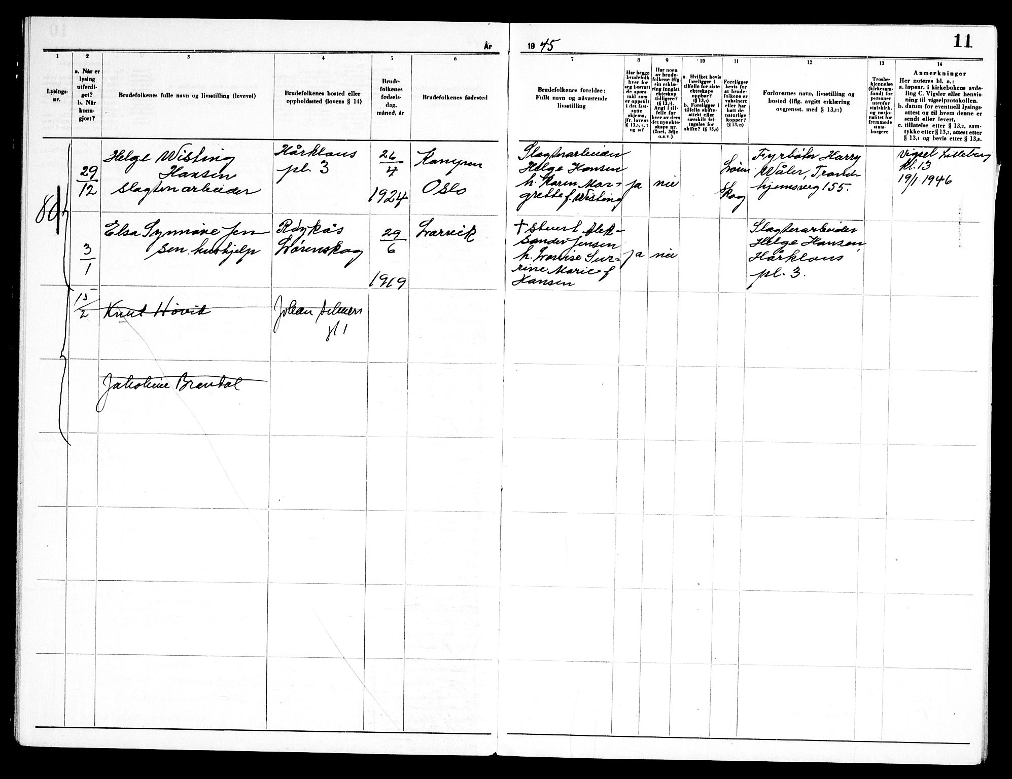 Torshov prestekontor Kirkebøker, SAO/A-10238a/H/Ha/L0003: Banns register no. 3, 1945-1948, p. 11