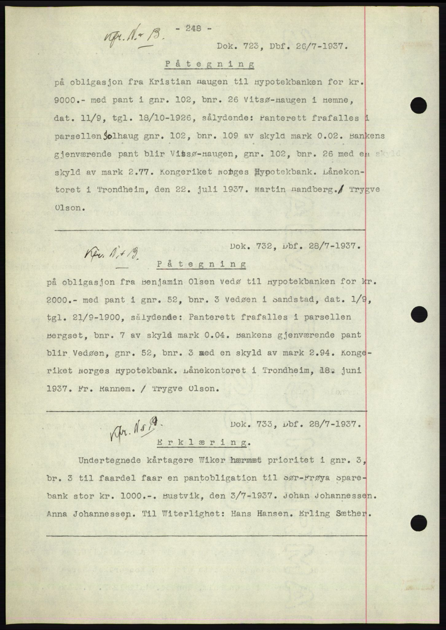 Hitra sorenskriveri, AV/SAT-A-0018/2/2C/2Ca: Mortgage book no. C1, 1936-1945, Diary no: : 723/1937