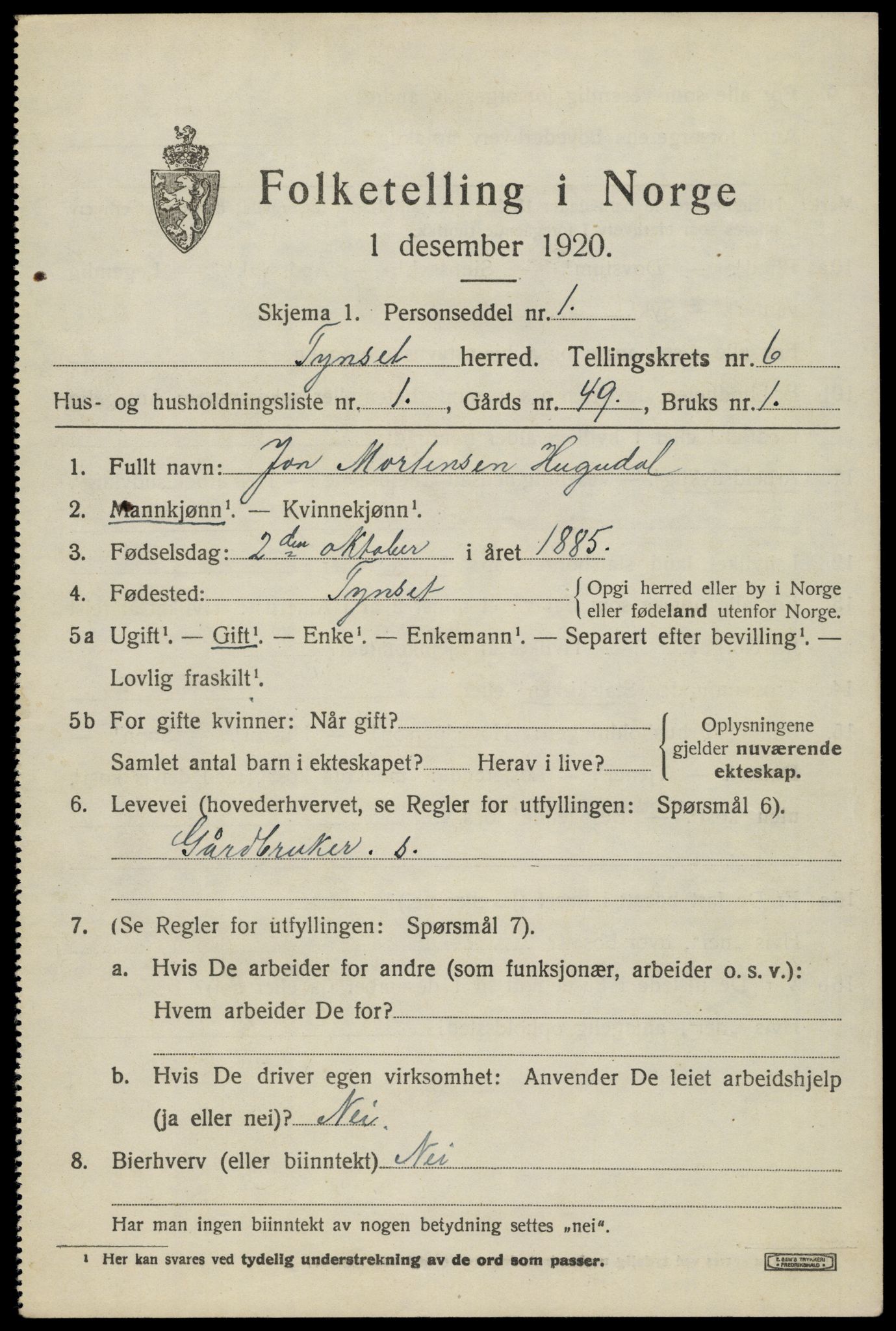 SAH, 1920 census for Tynset, 1920, p. 5510
