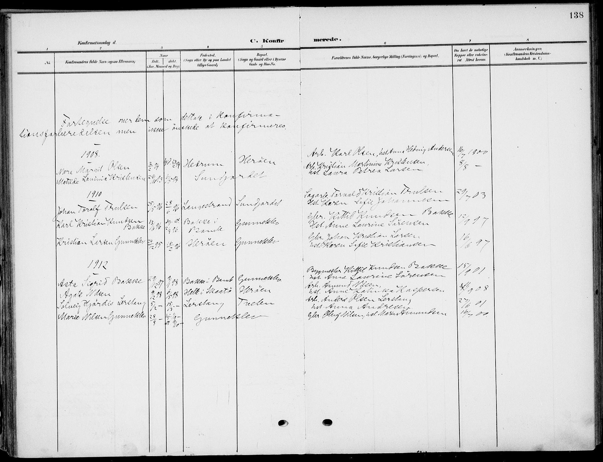 Eidanger kirkebøker, SAKO/A-261/F/Fa/L0013: Parish register (official) no. 13, 1900-1913, p. 138