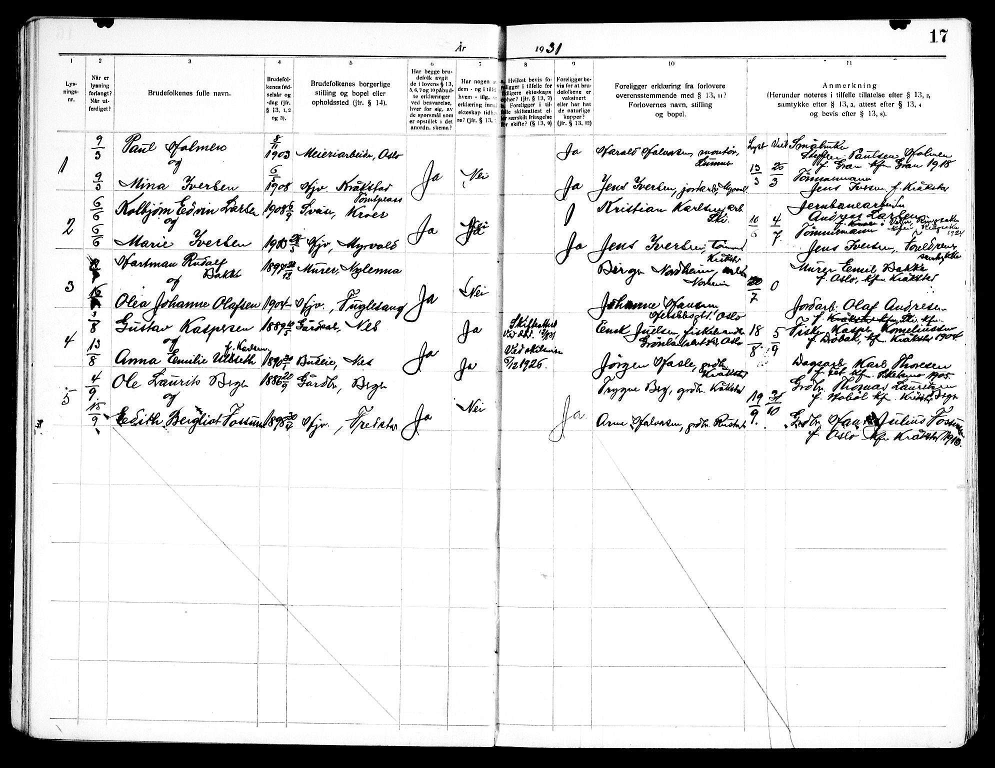Kråkstad prestekontor Kirkebøker, SAO/A-10125a/H/Ha/L0001: Banns register no. I 1, 1919-1969, p. 17