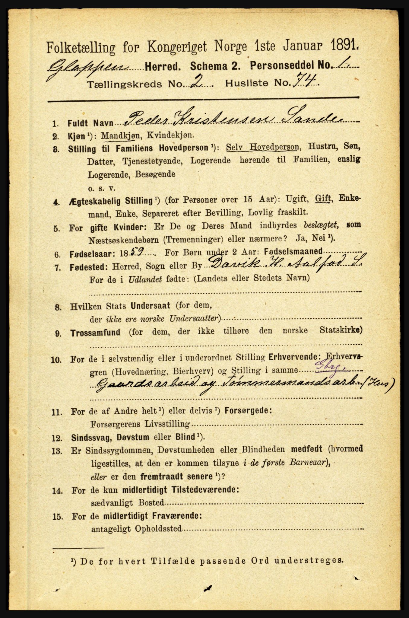 RA, 1891 census for 1445 Gloppen, 1891, p. 1133