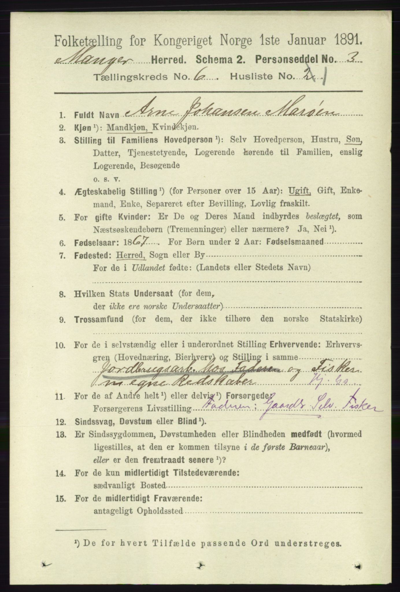 RA, 1891 census for 1261 Manger, 1891, p. 3413