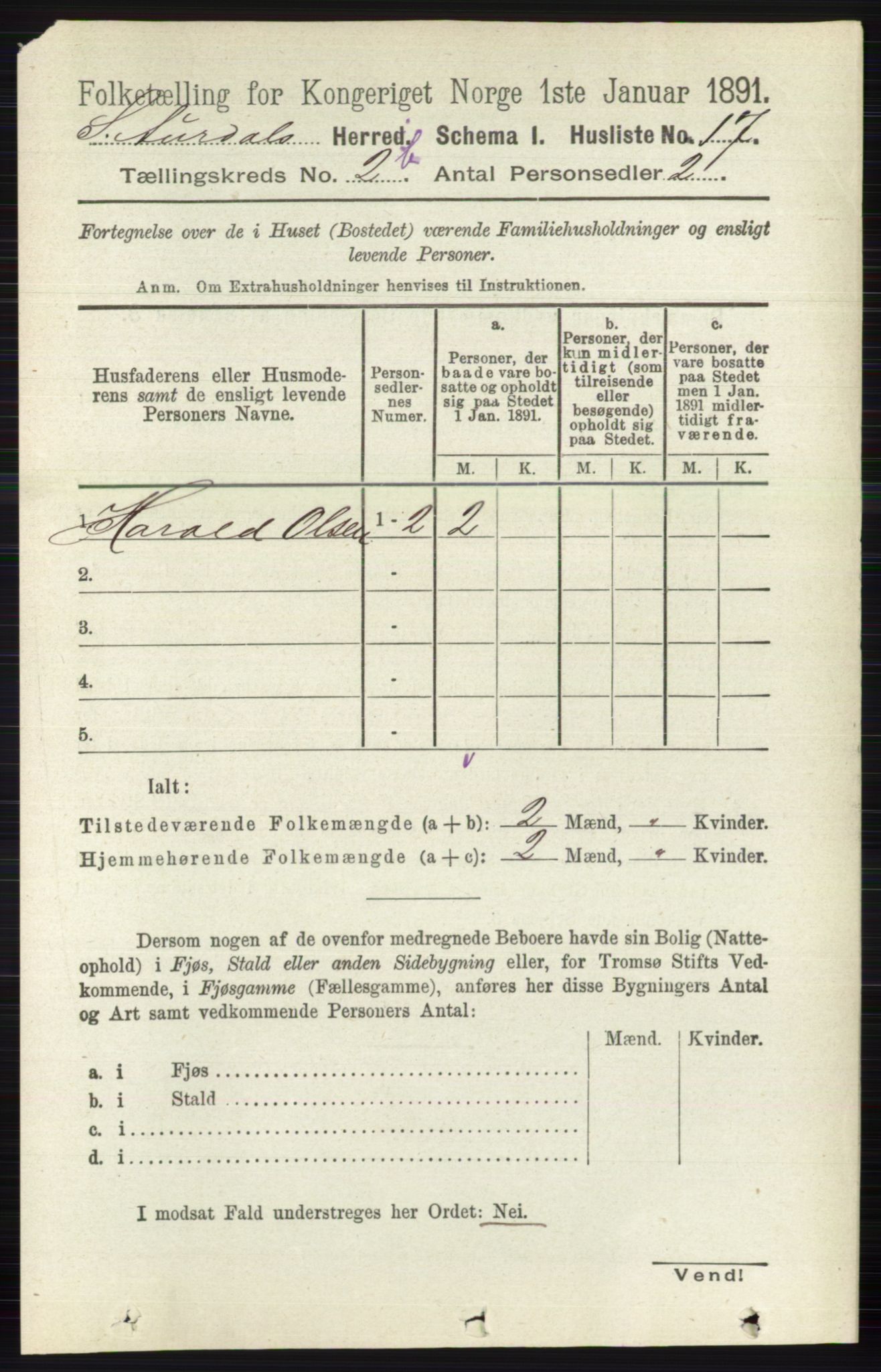 RA, 1891 census for 0540 Sør-Aurdal, 1891, p. 1452