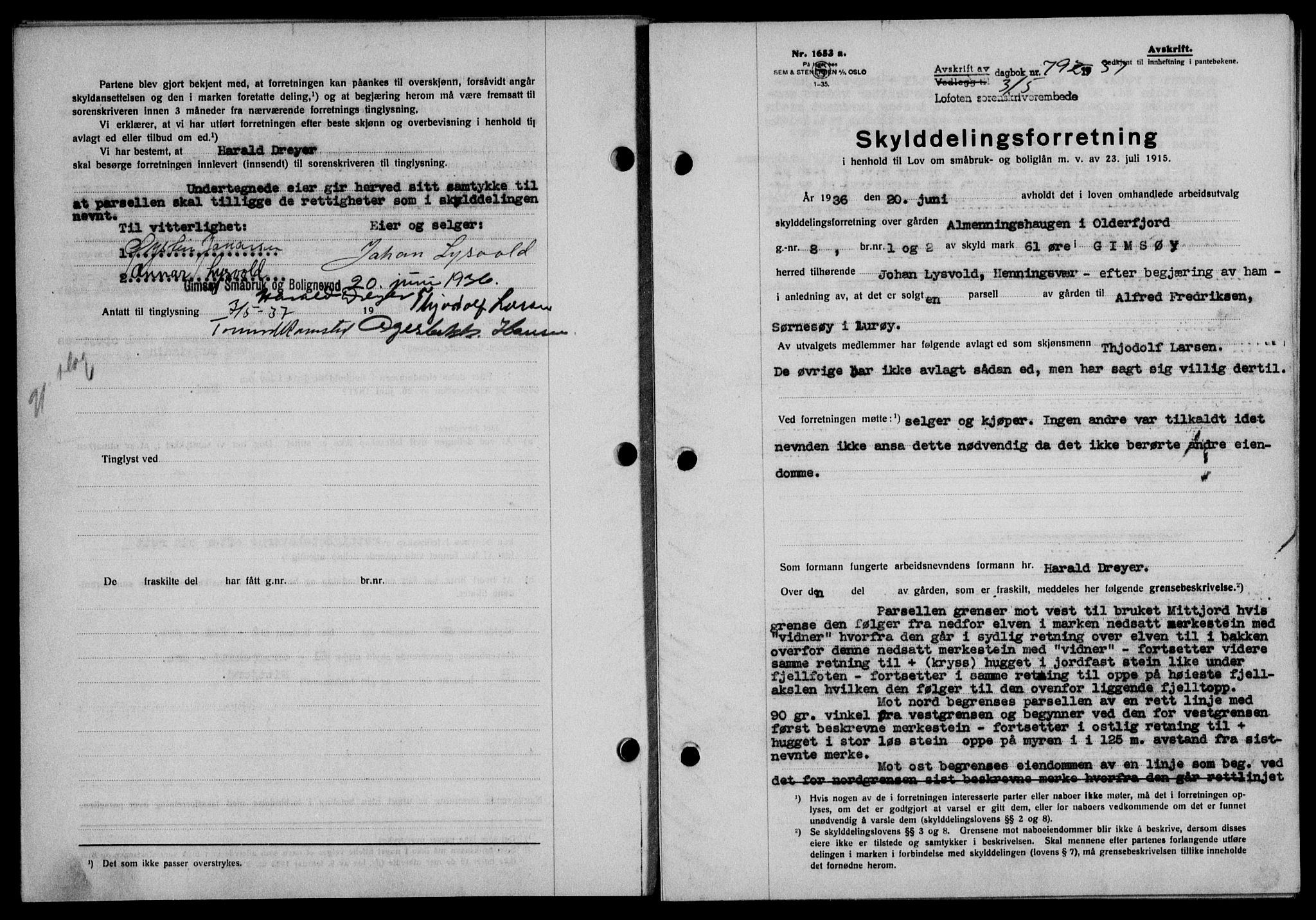 Lofoten sorenskriveri, SAT/A-0017/1/2/2C/L0002a: Mortgage book no. 2a, 1937-1937, Diary no: : 792/1937