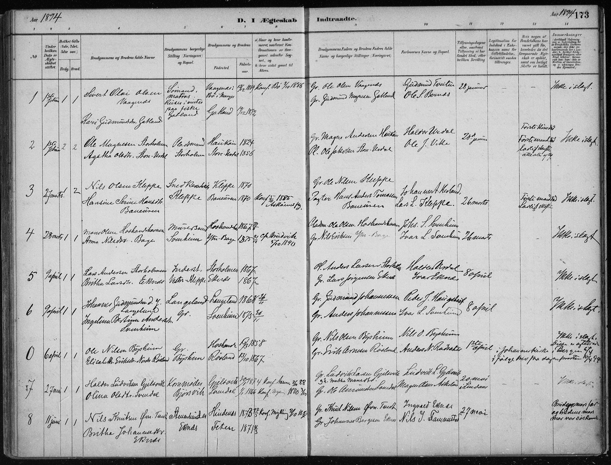 Hosanger sokneprestembete, AV/SAB-A-75801/H/Haa: Parish register (official) no. B  1, 1880-1896, p. 173