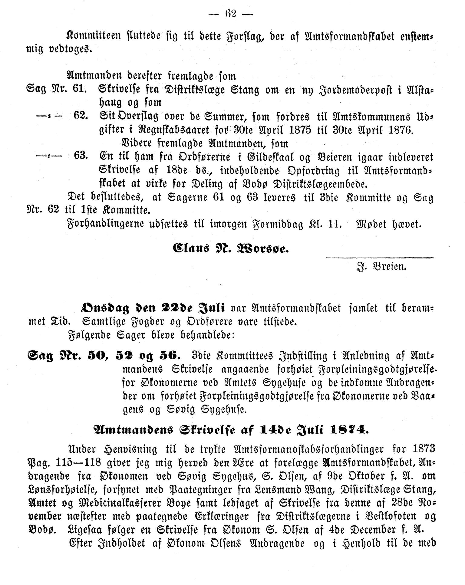 Nordland Fylkeskommune. Fylkestinget, AIN/NFK-17/176/A/Ac/L0009: Fylkestingsforhandlinger 1874, 1874, p. 62