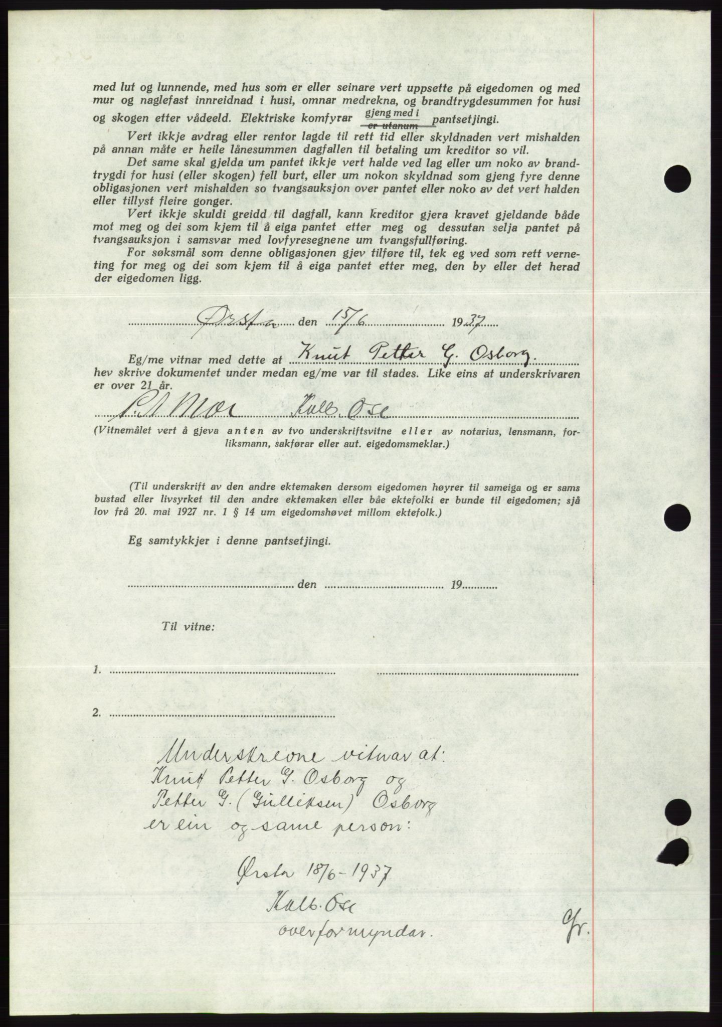 Søre Sunnmøre sorenskriveri, AV/SAT-A-4122/1/2/2C/L0063: Mortgage book no. 57, 1937-1937, Diary no: : 1019/1937