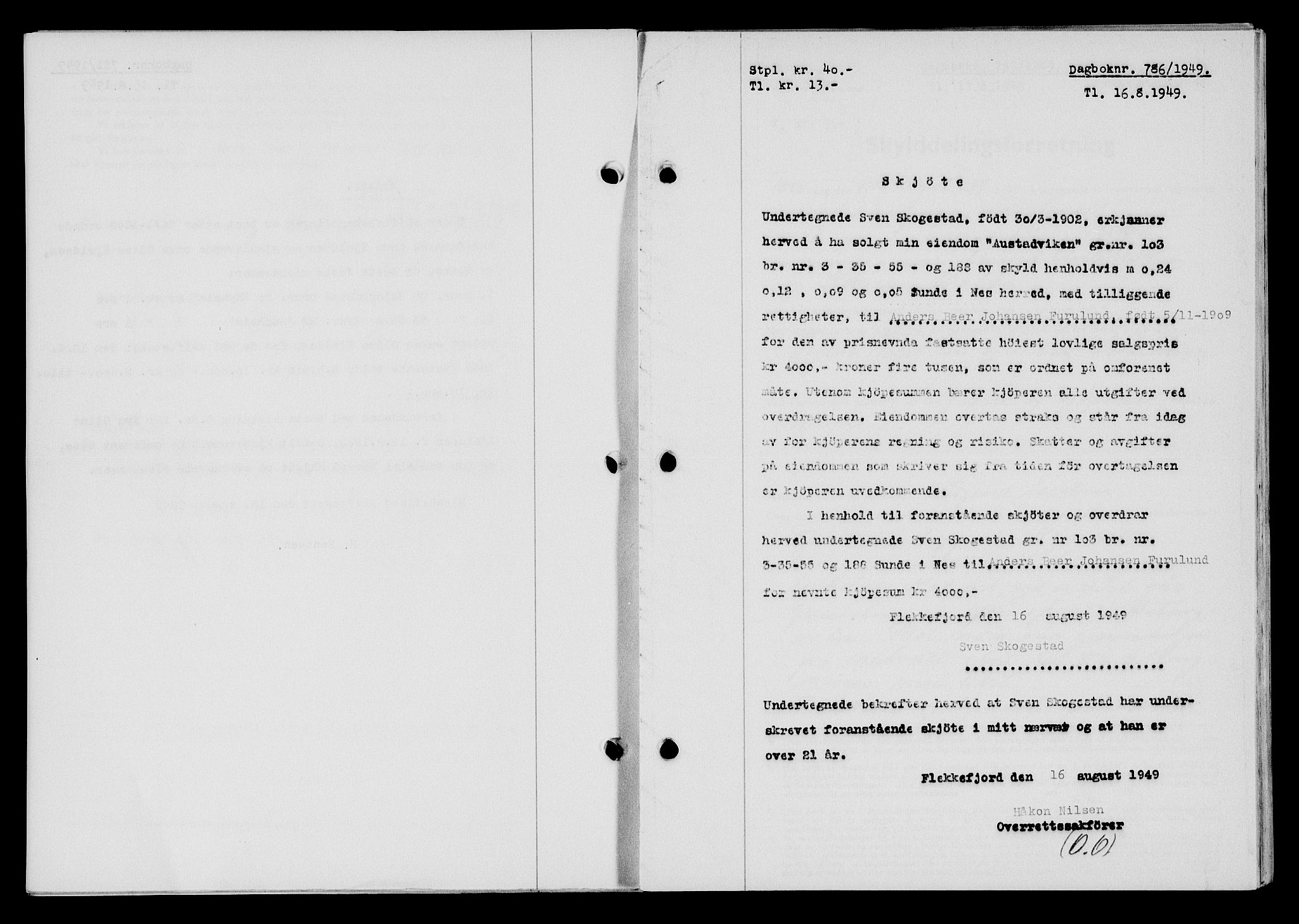 Flekkefjord sorenskriveri, SAK/1221-0001/G/Gb/Gba/L0065: Mortgage book no. A-13, 1949-1949, Diary no: : 786/1949