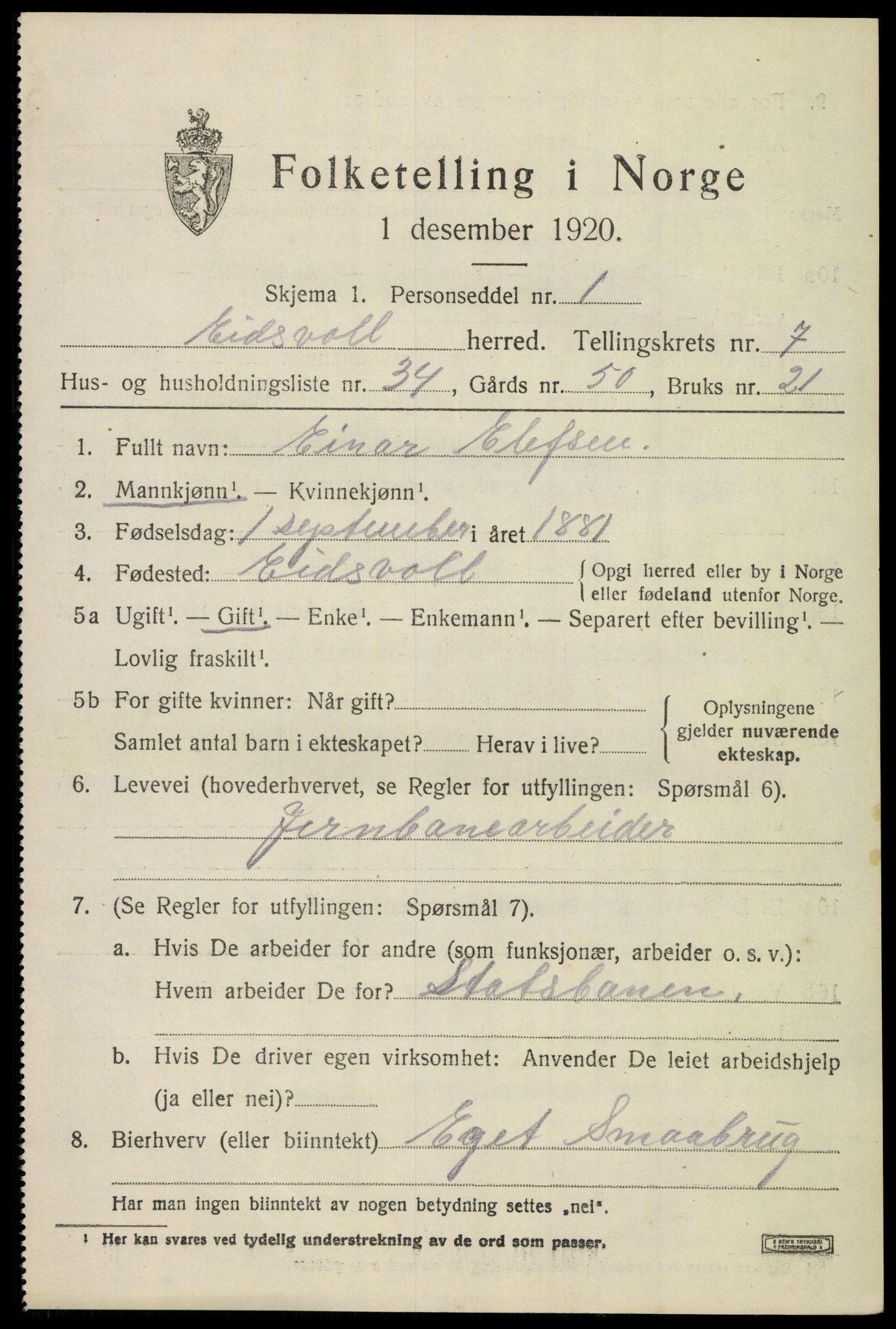 SAO, 1920 census for Eidsvoll, 1920, p. 12311