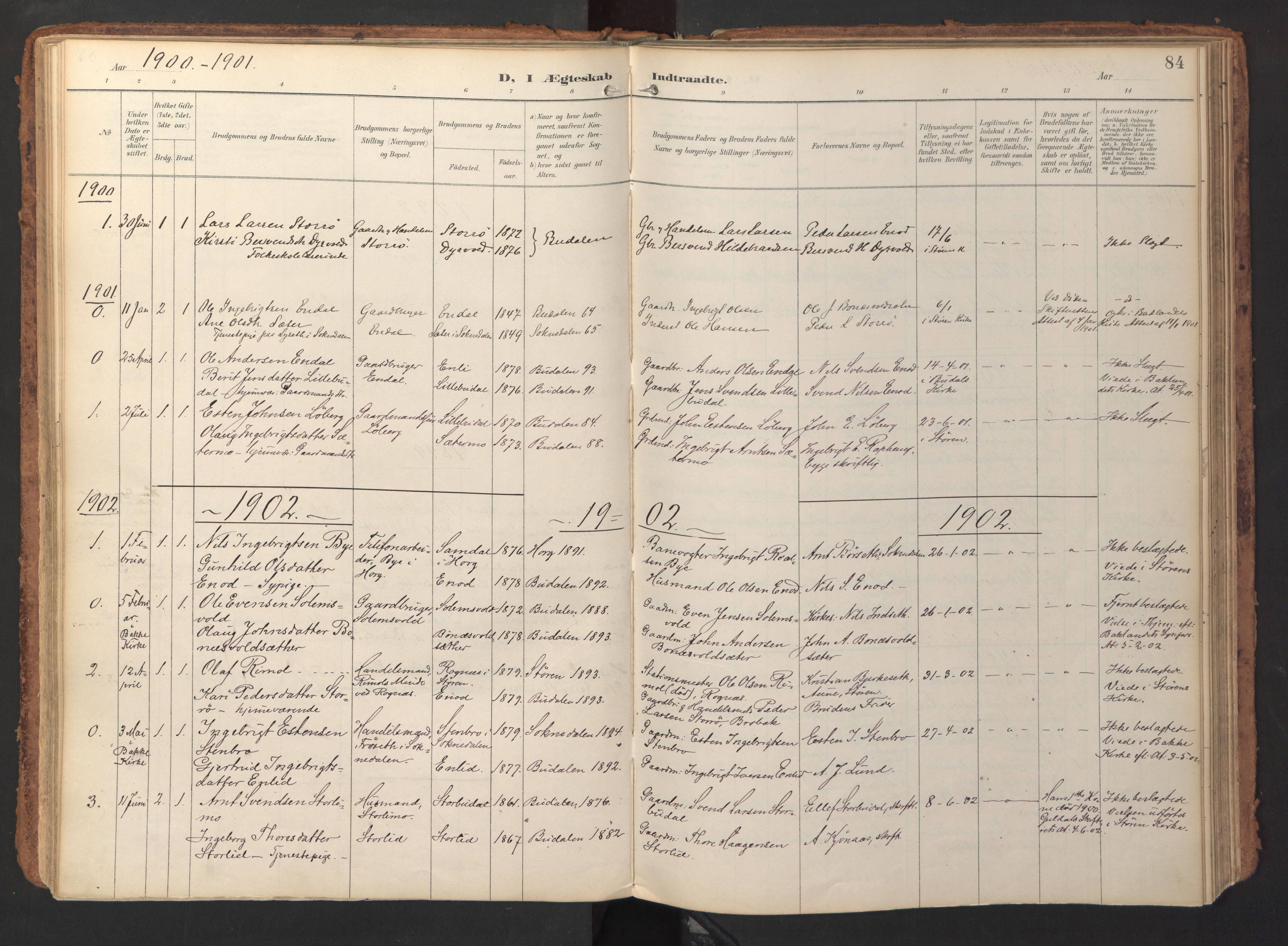 Ministerialprotokoller, klokkerbøker og fødselsregistre - Sør-Trøndelag, SAT/A-1456/690/L1050: Parish register (official) no. 690A01, 1889-1929, p. 84