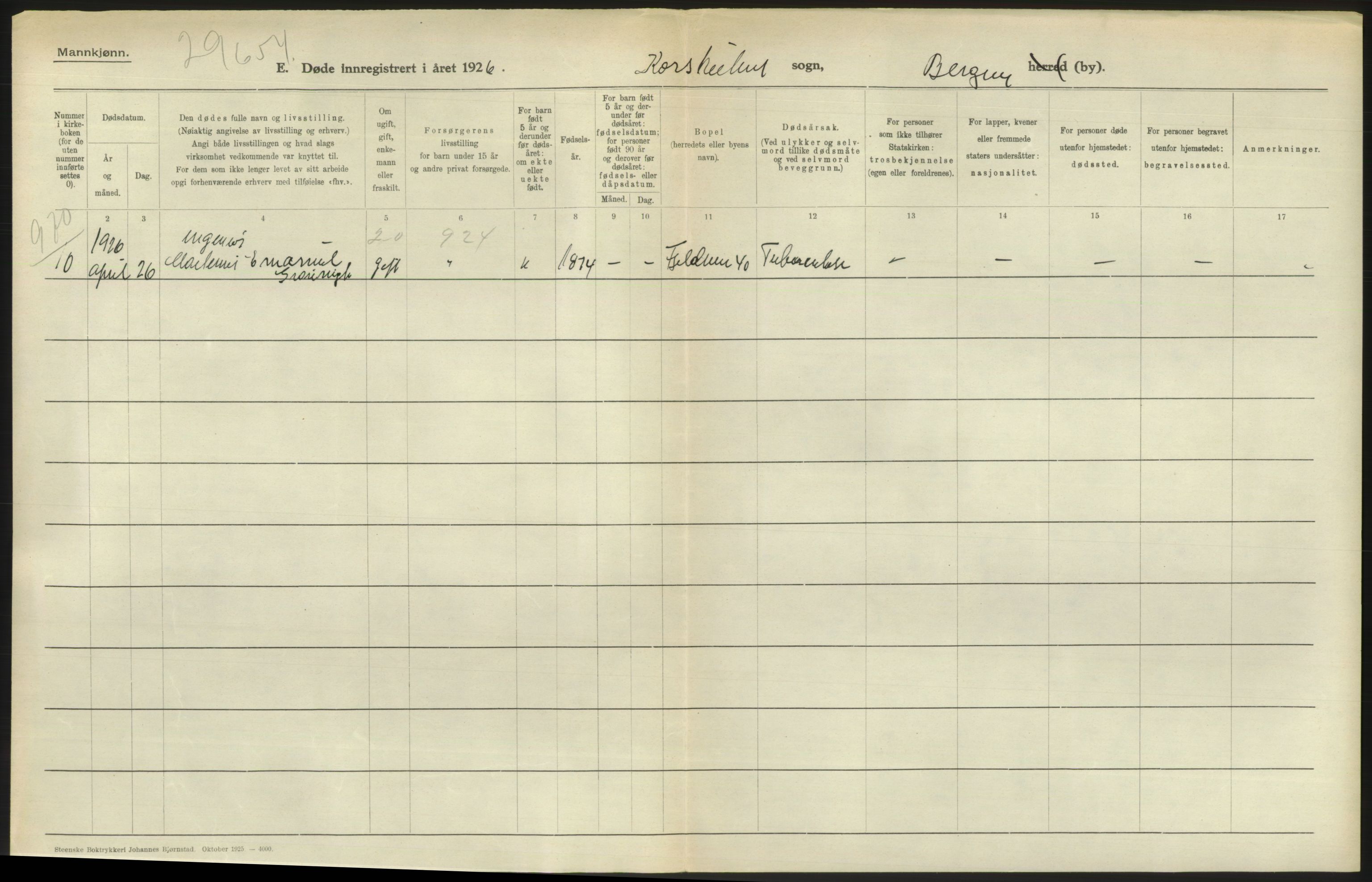 Statistisk sentralbyrå, Sosiodemografiske emner, Befolkning, RA/S-2228/D/Df/Dfc/Dfcf/L0028: Bergen: Gifte, døde, dødfødte., 1926, p. 630