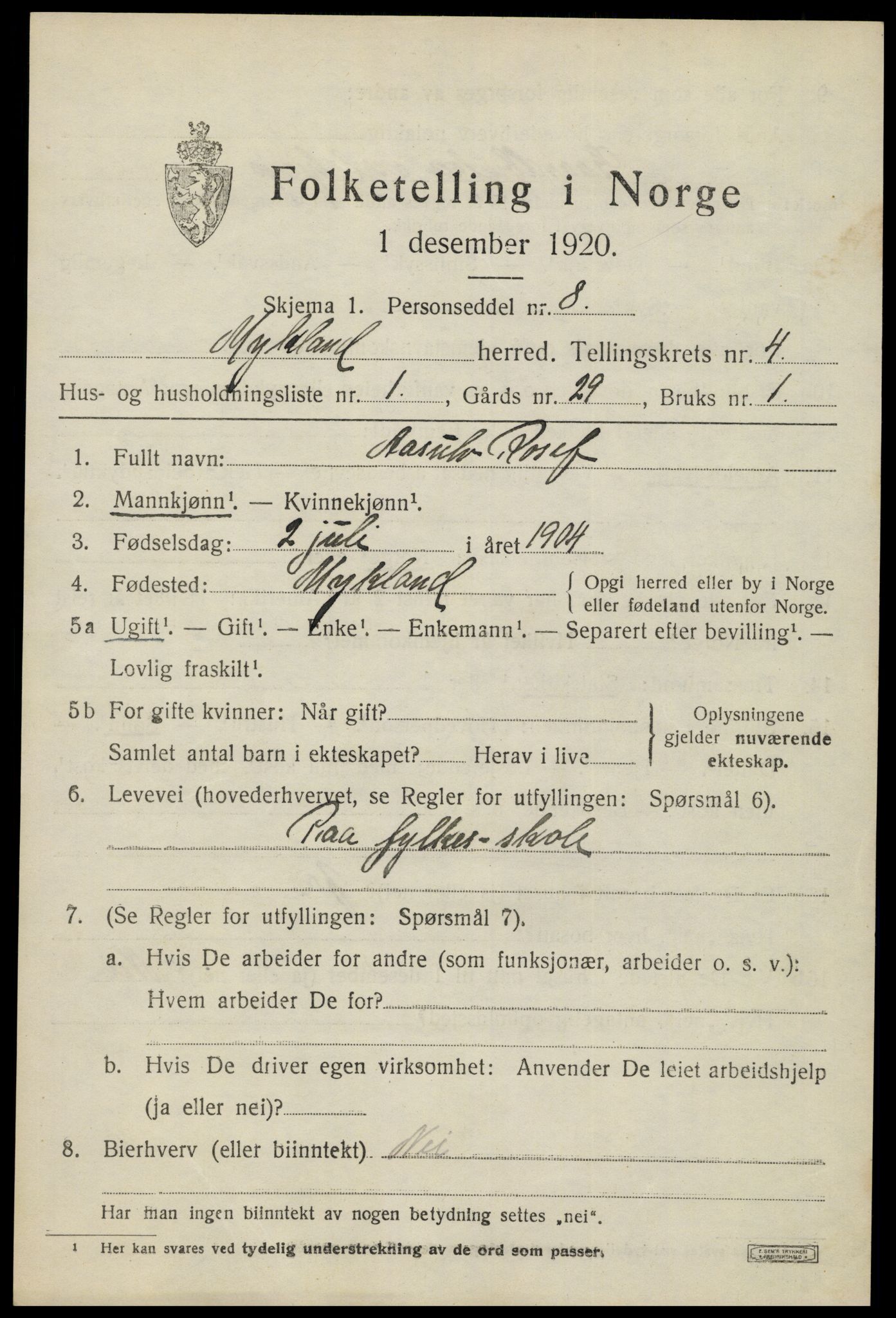 SAK, 1920 census for Mykland, 1920, p. 1336