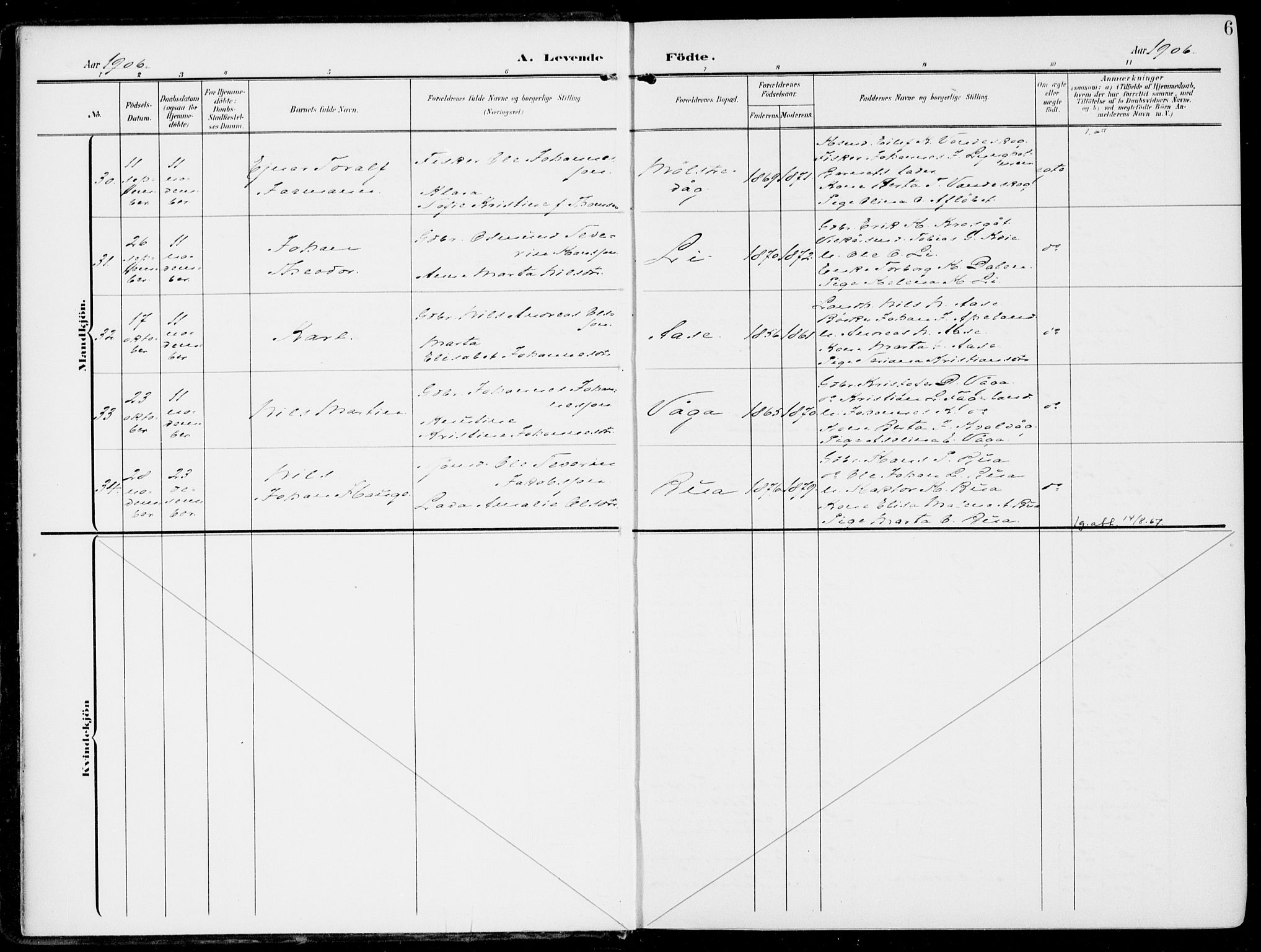 Sveio Sokneprestembete, AV/SAB-A-78501/H/Haa: Parish register (official) no. B  4, 1906-1919, p. 6