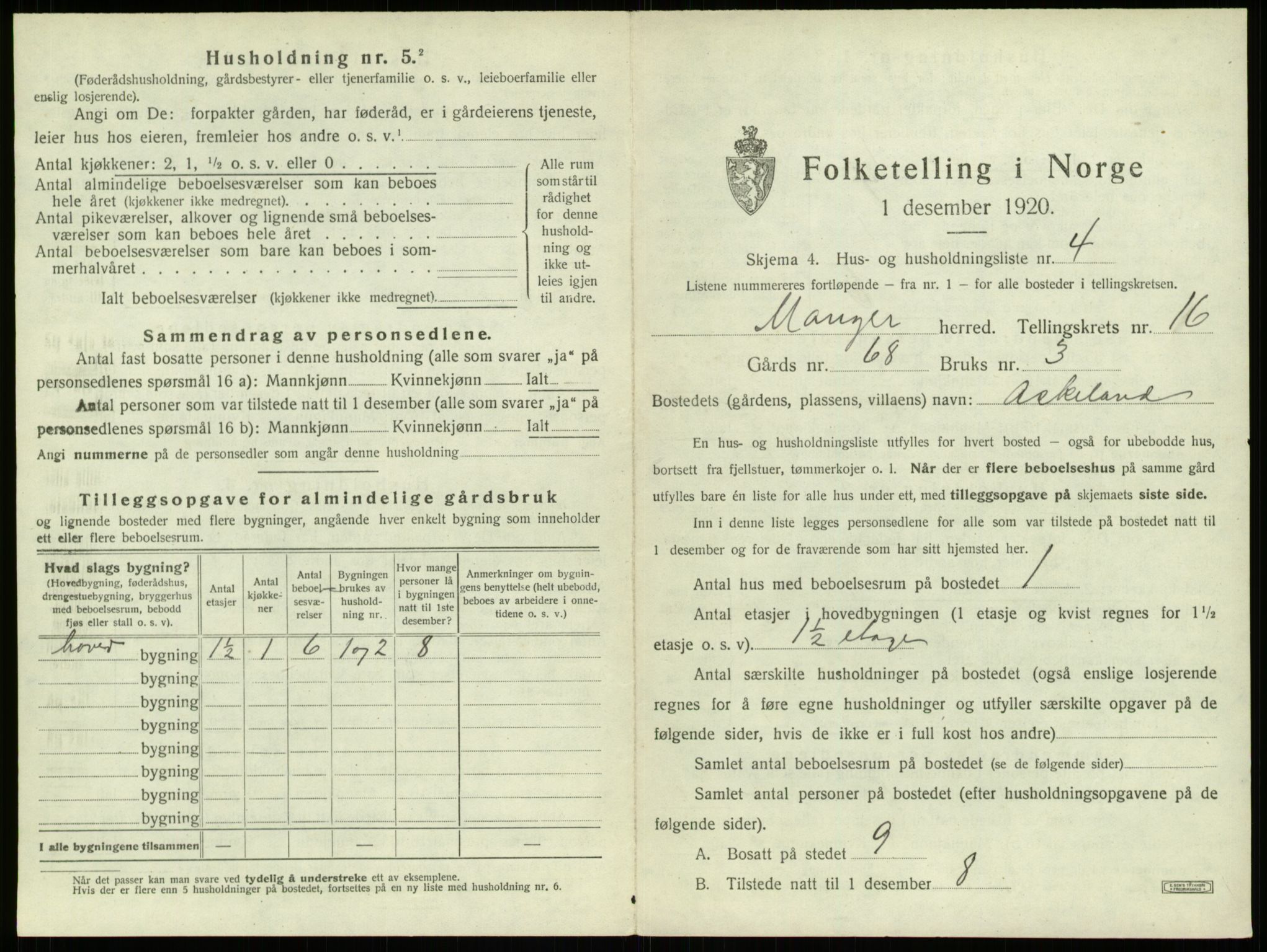 SAB, 1920 census for Manger, 1920, p. 1185