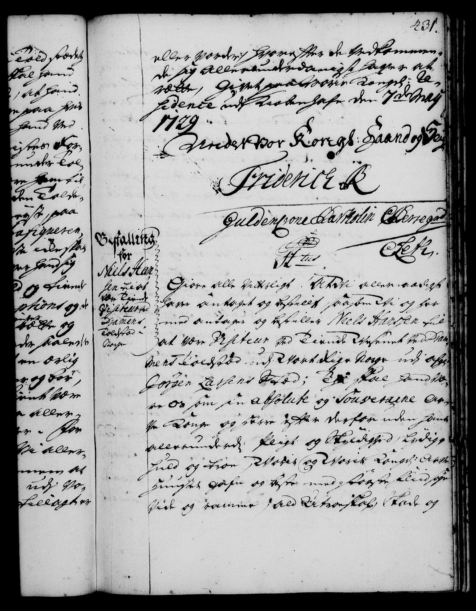 Rentekammeret, Kammerkanselliet, RA/EA-3111/G/Gg/Gge/L0001: Norsk bestallingsprotokoll med register (merket RK 53.25), 1720-1730, p. 431