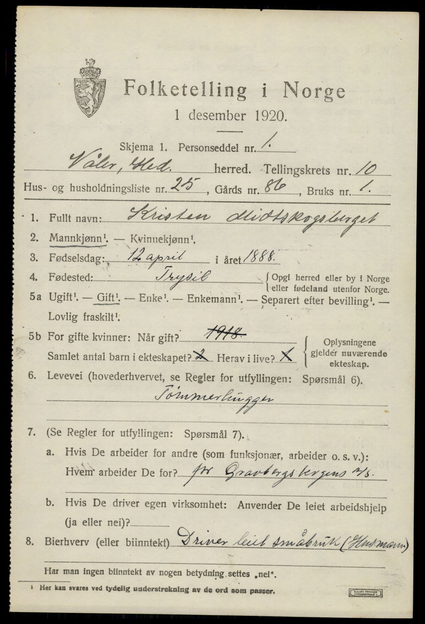 SAH, 1920 census for Våler (Hedmark), 1920, p. 10177