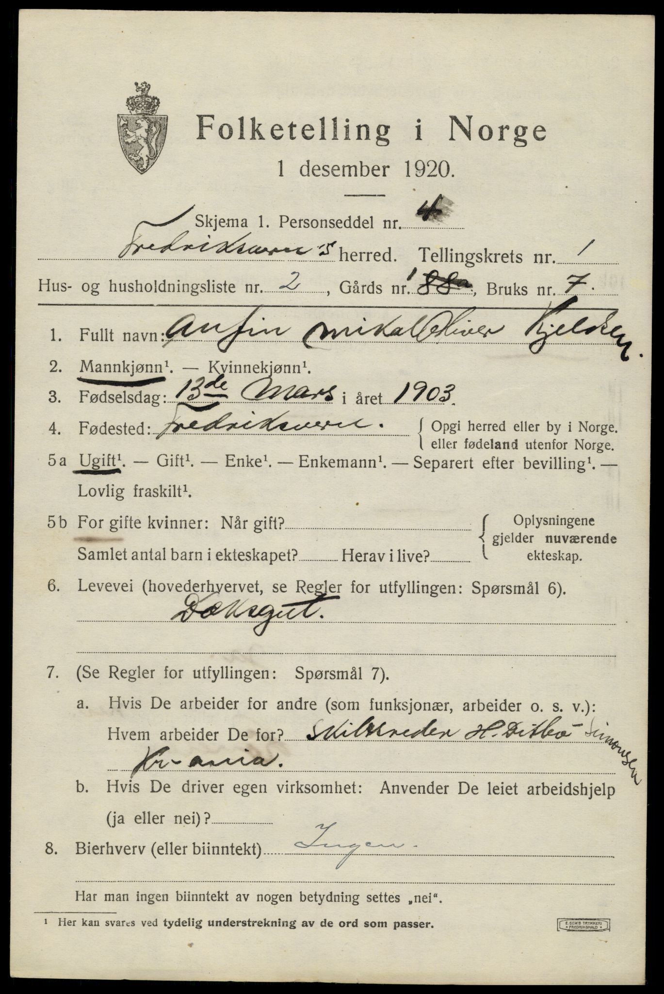 SAKO, 1920 census for Fredriksvern, 1920, p. 399