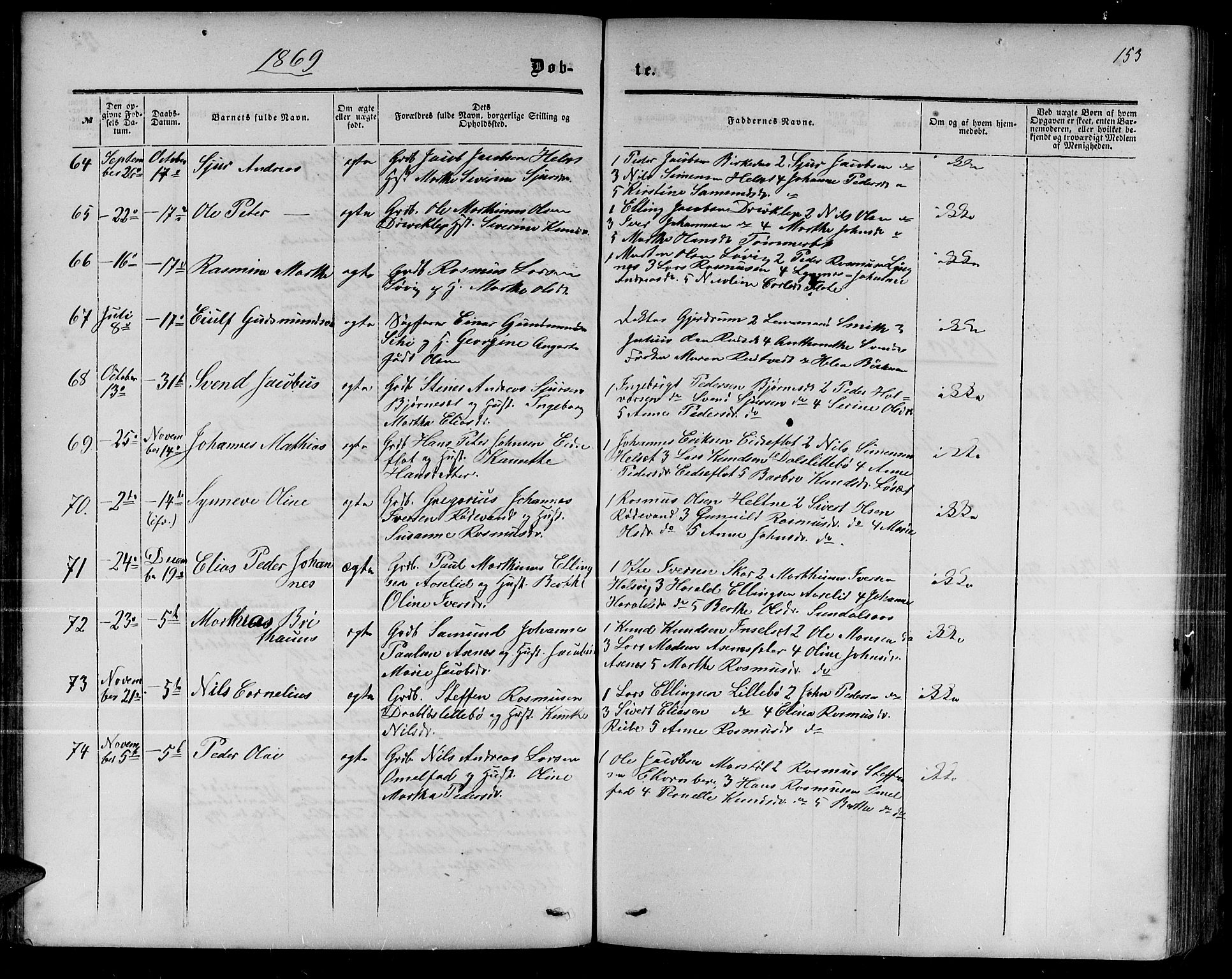 Ministerialprotokoller, klokkerbøker og fødselsregistre - Møre og Romsdal, AV/SAT-A-1454/511/L0157: Parish register (copy) no. 511C03, 1864-1884, p. 153
