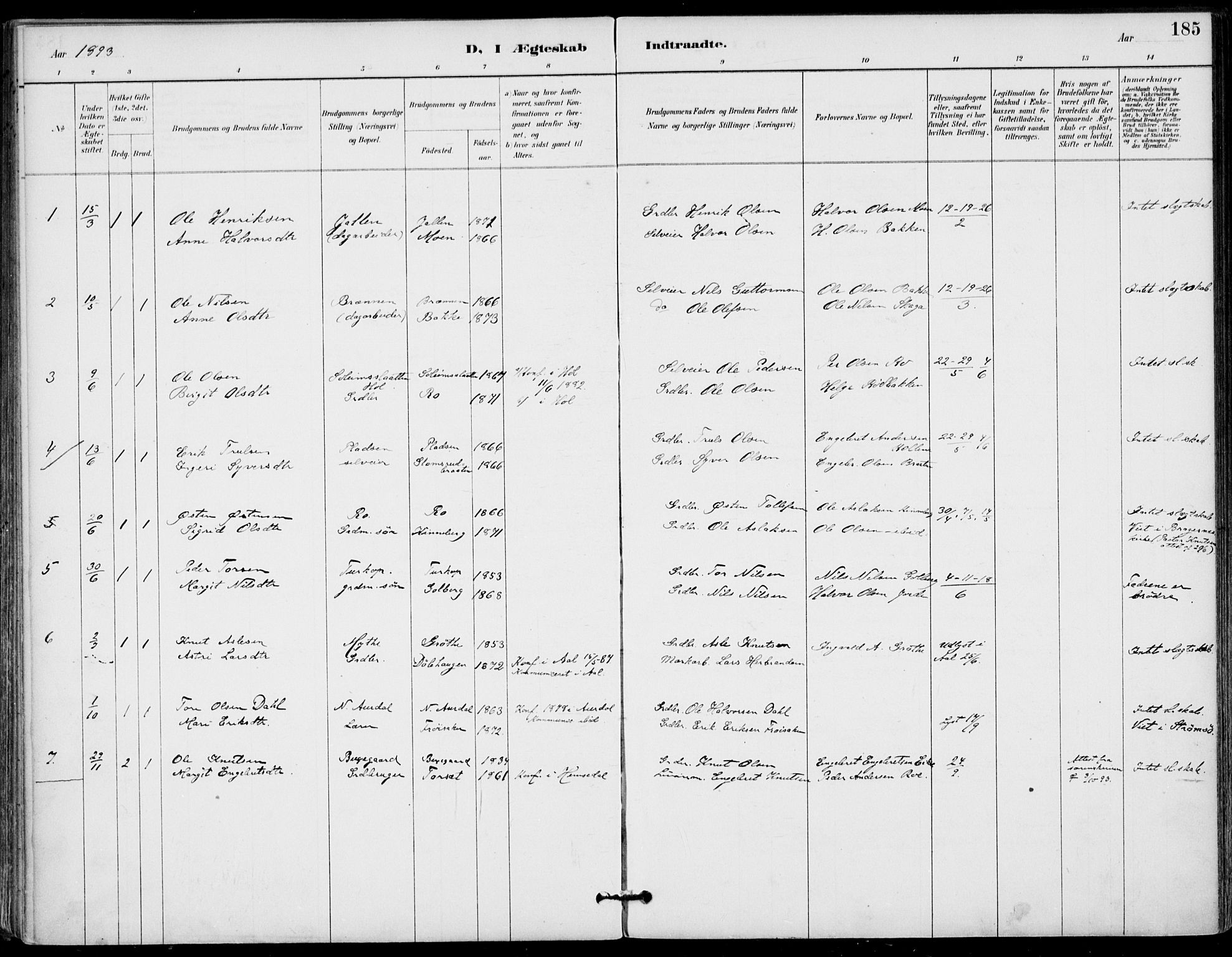 Gol kirkebøker, SAKO/A-226/F/Fa/L0005: Parish register (official) no. I 5, 1887-1900, p. 185