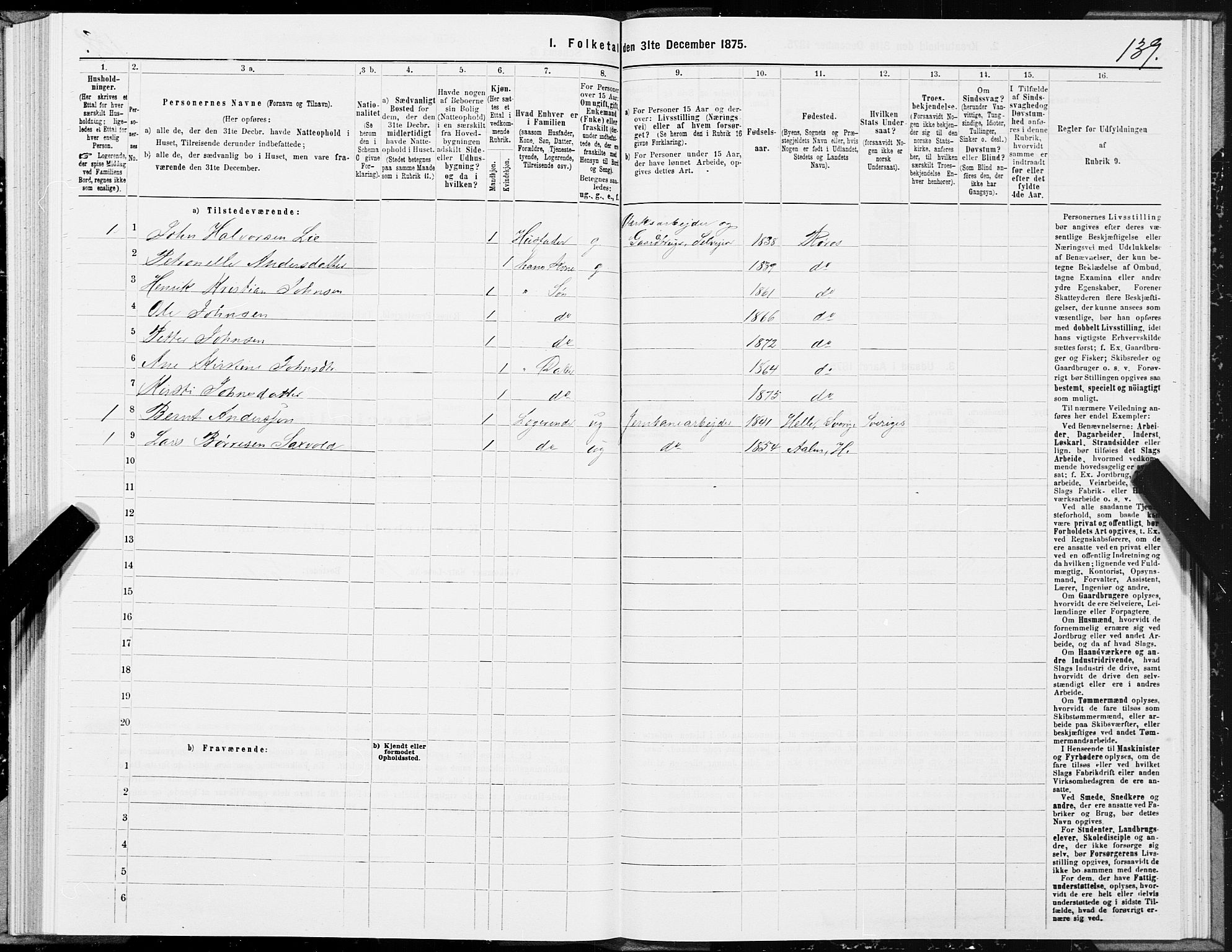 SAT, 1875 census for 1640P Røros, 1875, p. 3139