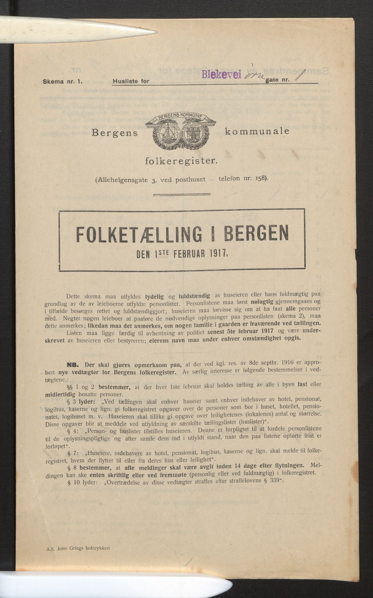 SAB, Municipal Census 1917 for Bergen, 1917, p. 3103