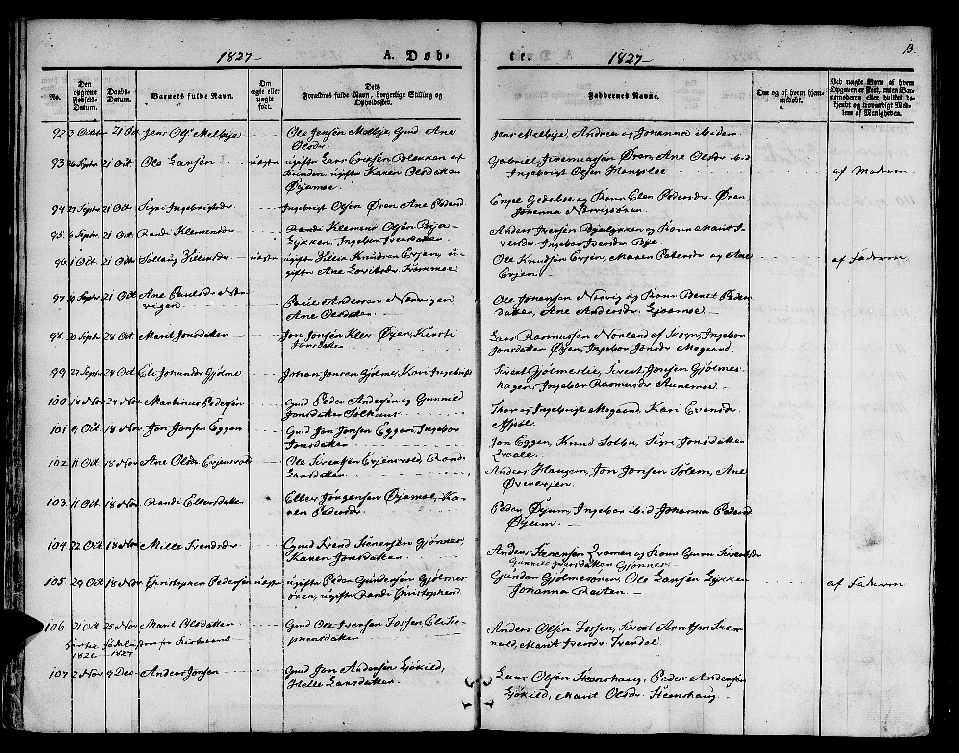 Ministerialprotokoller, klokkerbøker og fødselsregistre - Sør-Trøndelag, SAT/A-1456/668/L0804: Parish register (official) no. 668A04, 1826-1839, p. 13