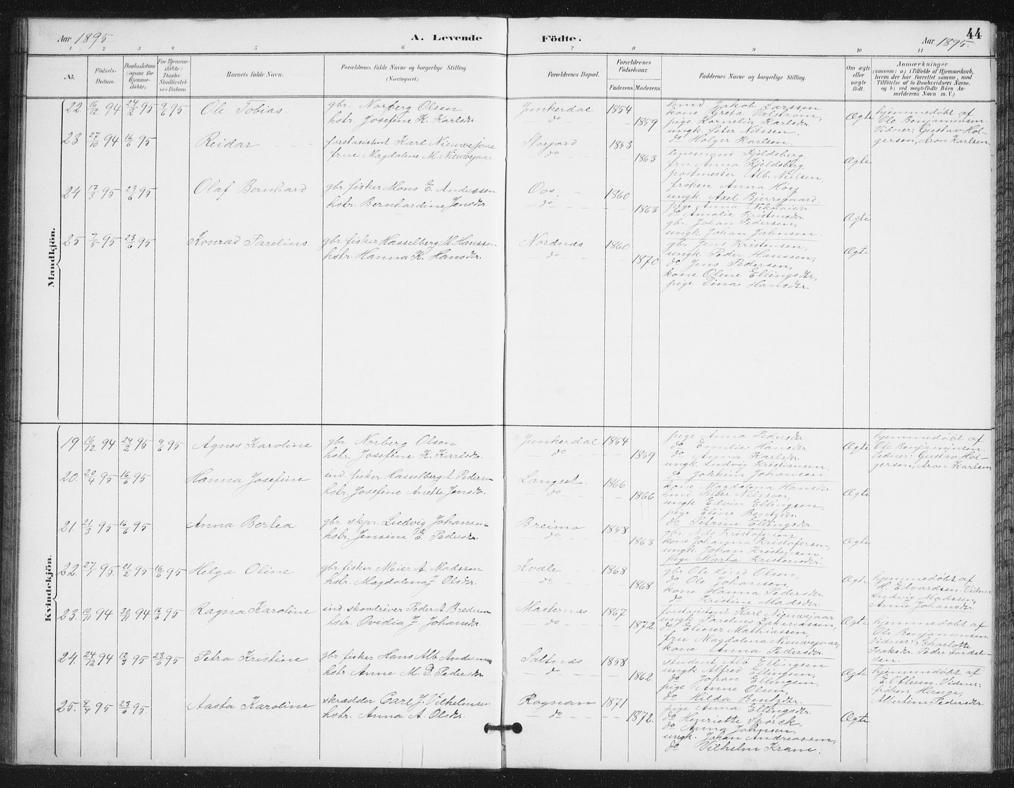 Ministerialprotokoller, klokkerbøker og fødselsregistre - Nordland, AV/SAT-A-1459/847/L0682: Parish register (copy) no. 847C10, 1889-1907, p. 44