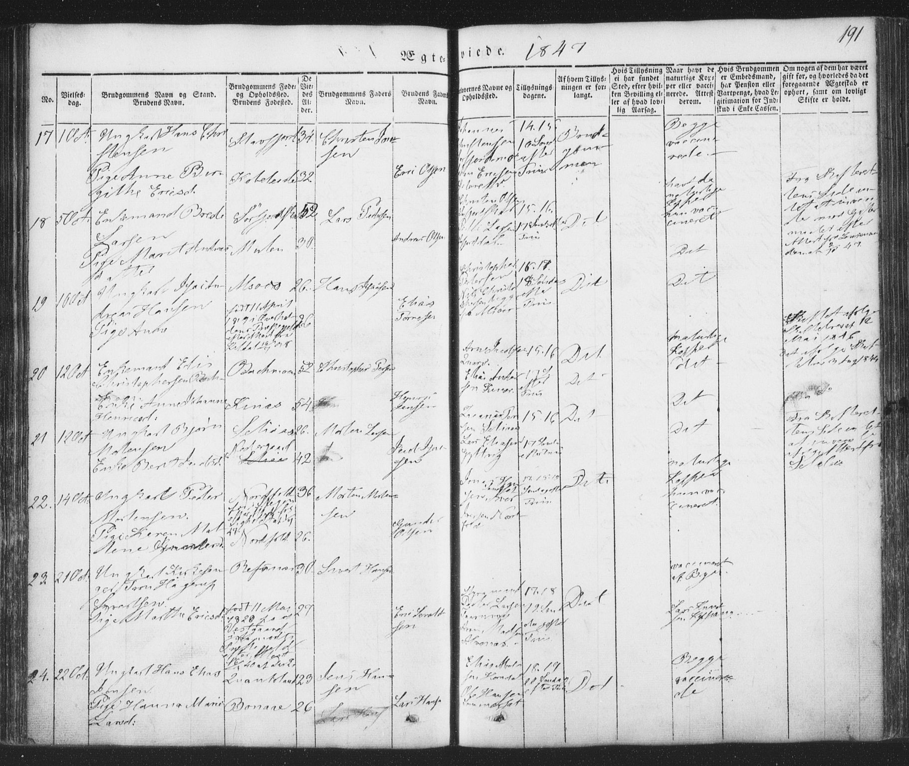 Ministerialprotokoller, klokkerbøker og fødselsregistre - Nordland, AV/SAT-A-1459/853/L0769: Parish register (official) no. 853A08, 1836-1856, p. 191