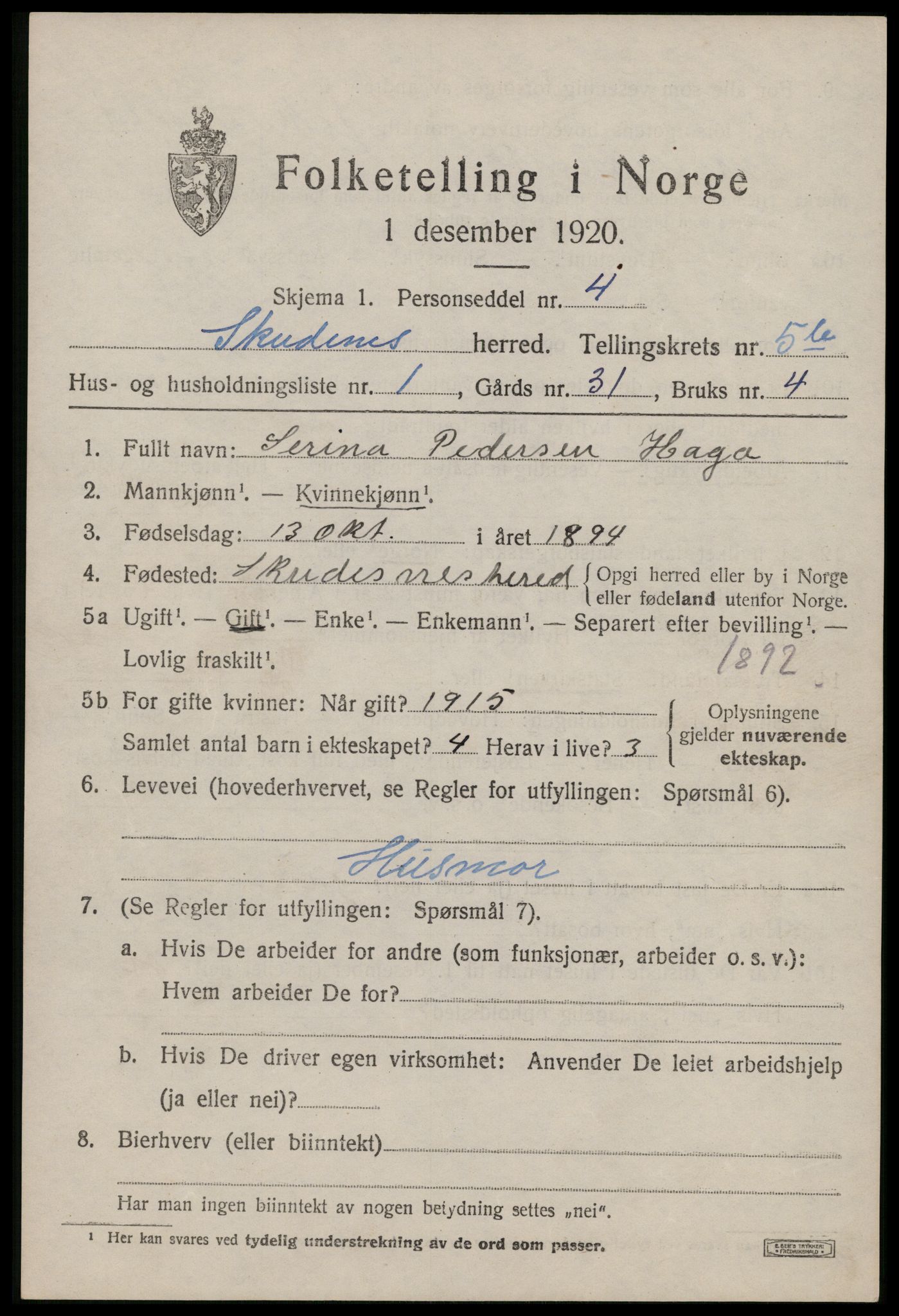 SAST, 1920 census for Skudenes, 1920, p. 4474