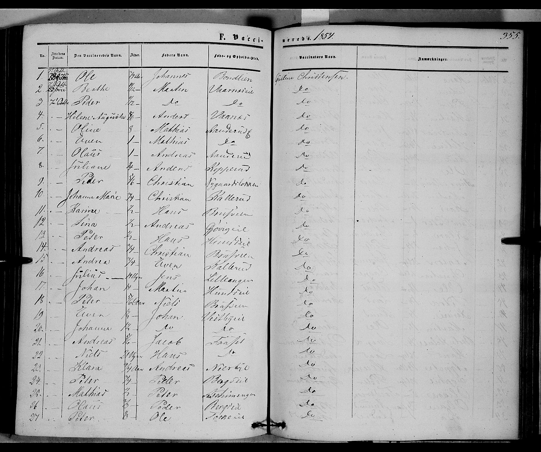 Vardal prestekontor, SAH/PREST-100/H/Ha/Haa/L0006: Parish register (official) no. 6, 1854-1866, p. 355