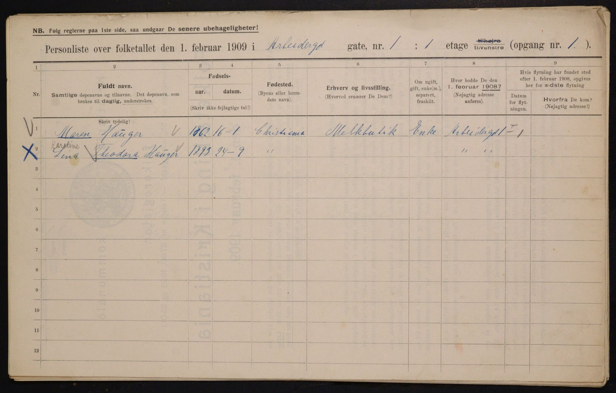 OBA, Municipal Census 1909 for Kristiania, 1909, p. 1411