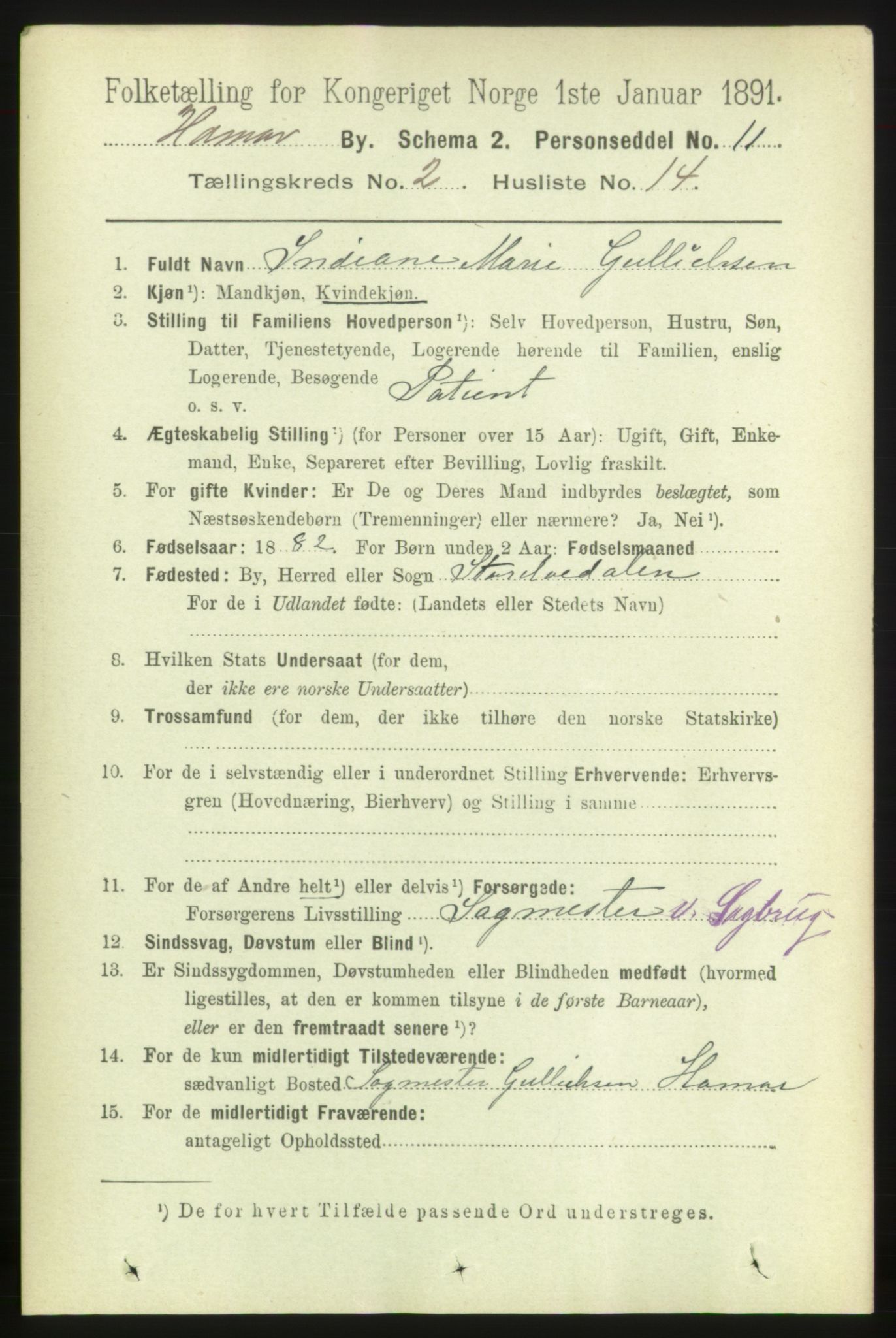 RA, 1891 census for 0401 Hamar, 1891, p. 1187