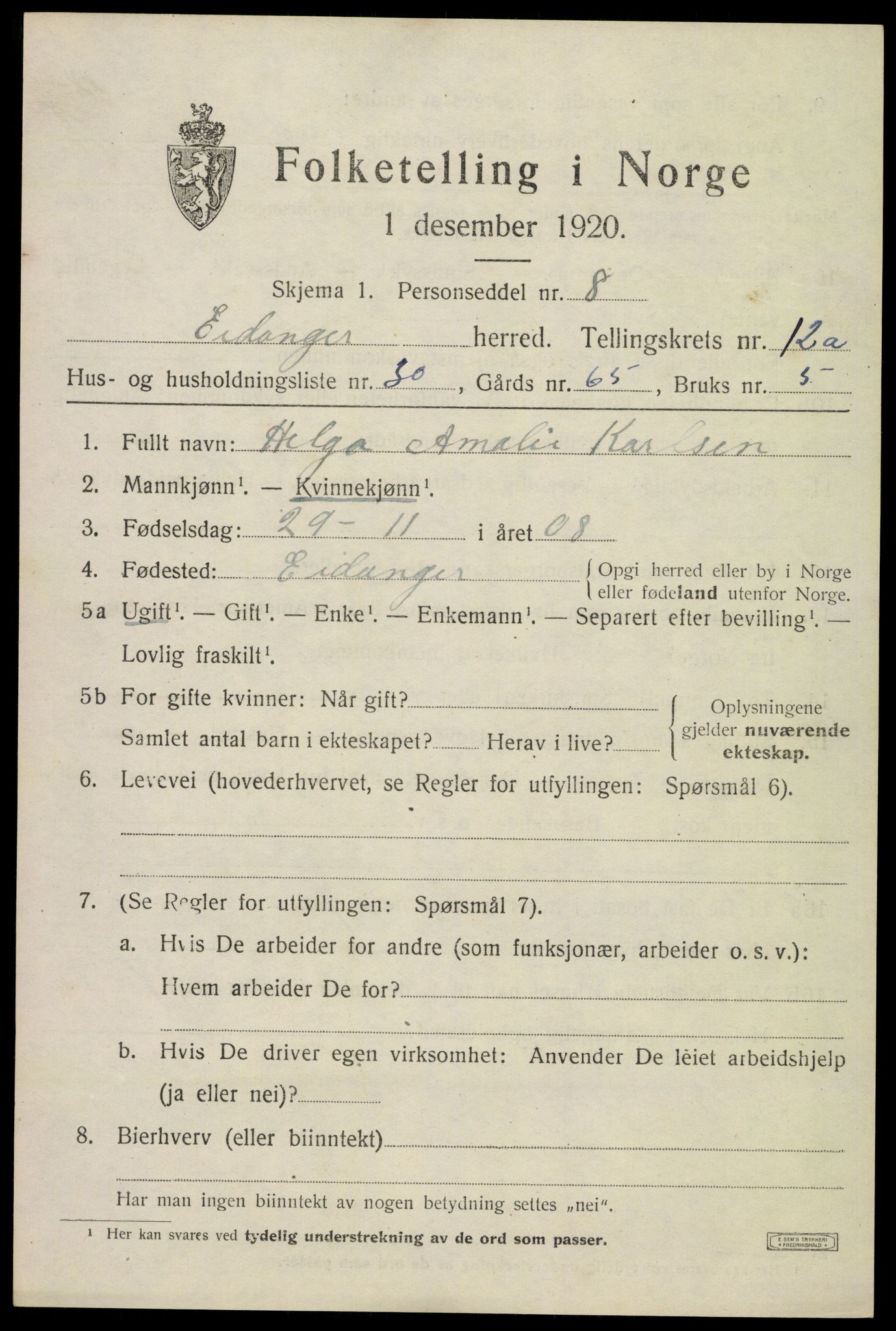 SAKO, 1920 census for Eidanger, 1920, p. 7522