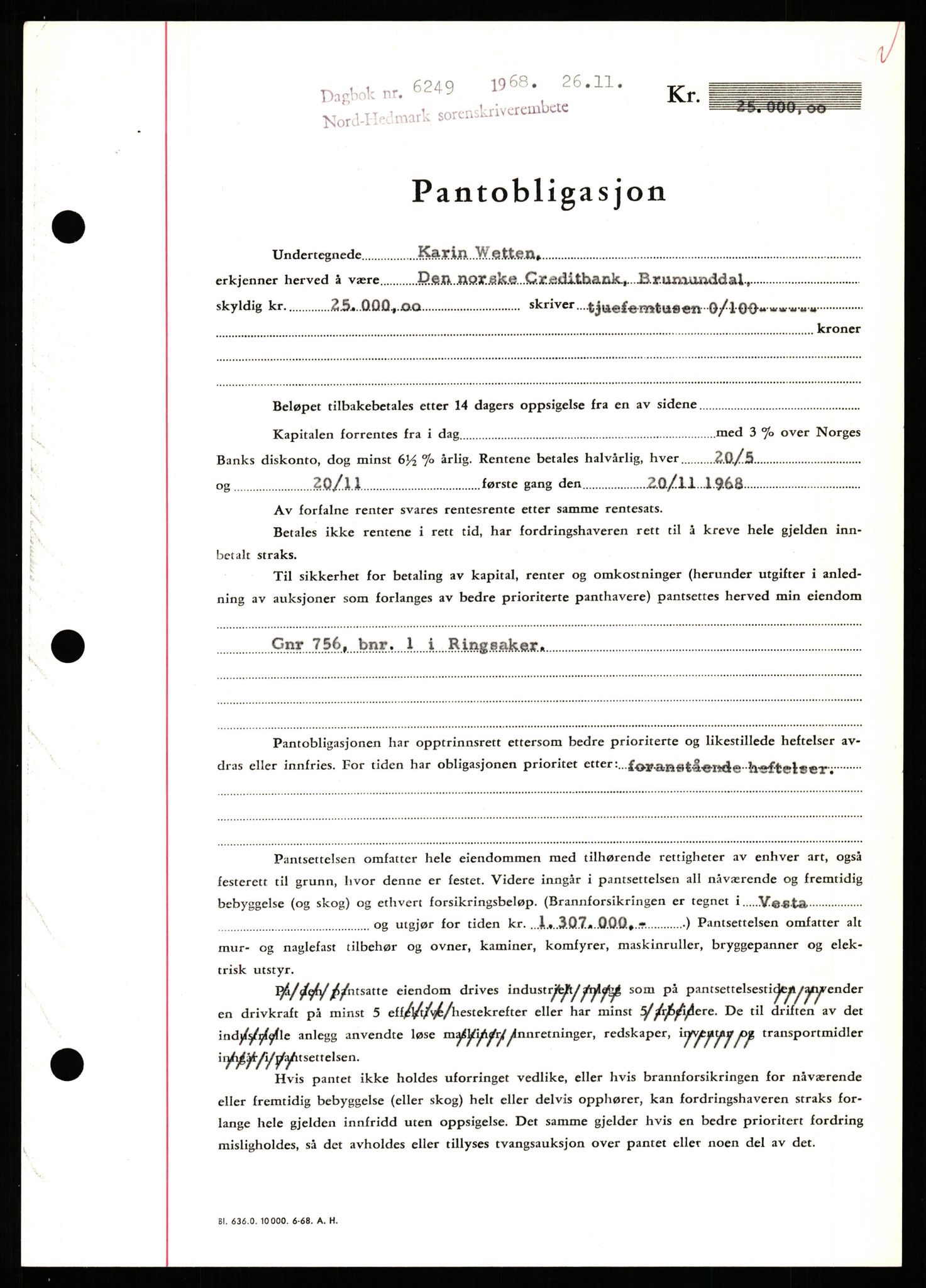 Nord-Hedmark sorenskriveri, SAH/TING-012/H/Hb/Hbf/L0077: Mortgage book no. B77, 1968-1969, Diary no: : 6249/1968