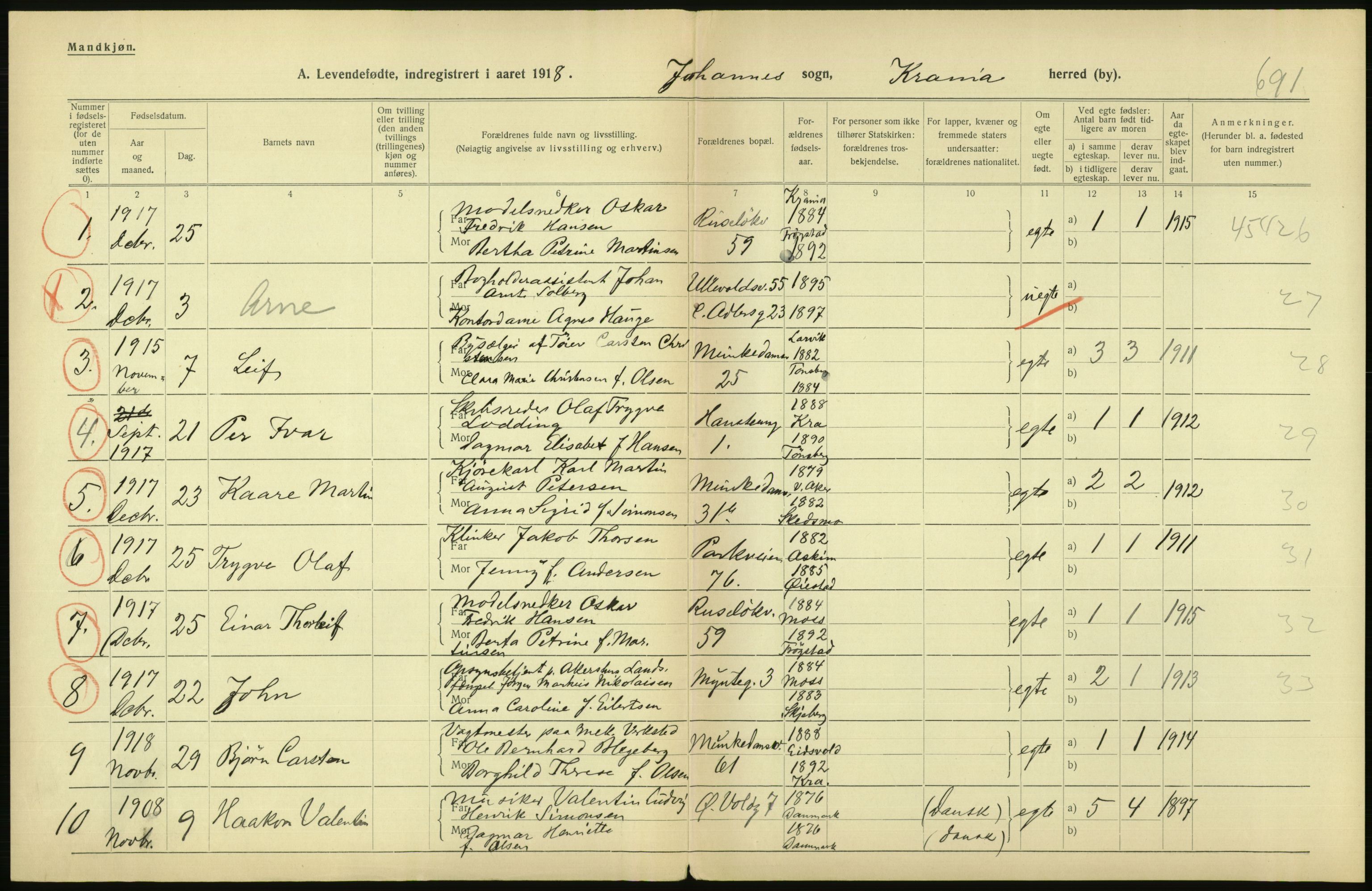 Statistisk sentralbyrå, Sosiodemografiske emner, Befolkning, AV/RA-S-2228/D/Df/Dfb/Dfbh/L0008: Kristiania: Levendefødte menn og kvinner., 1918, p. 568