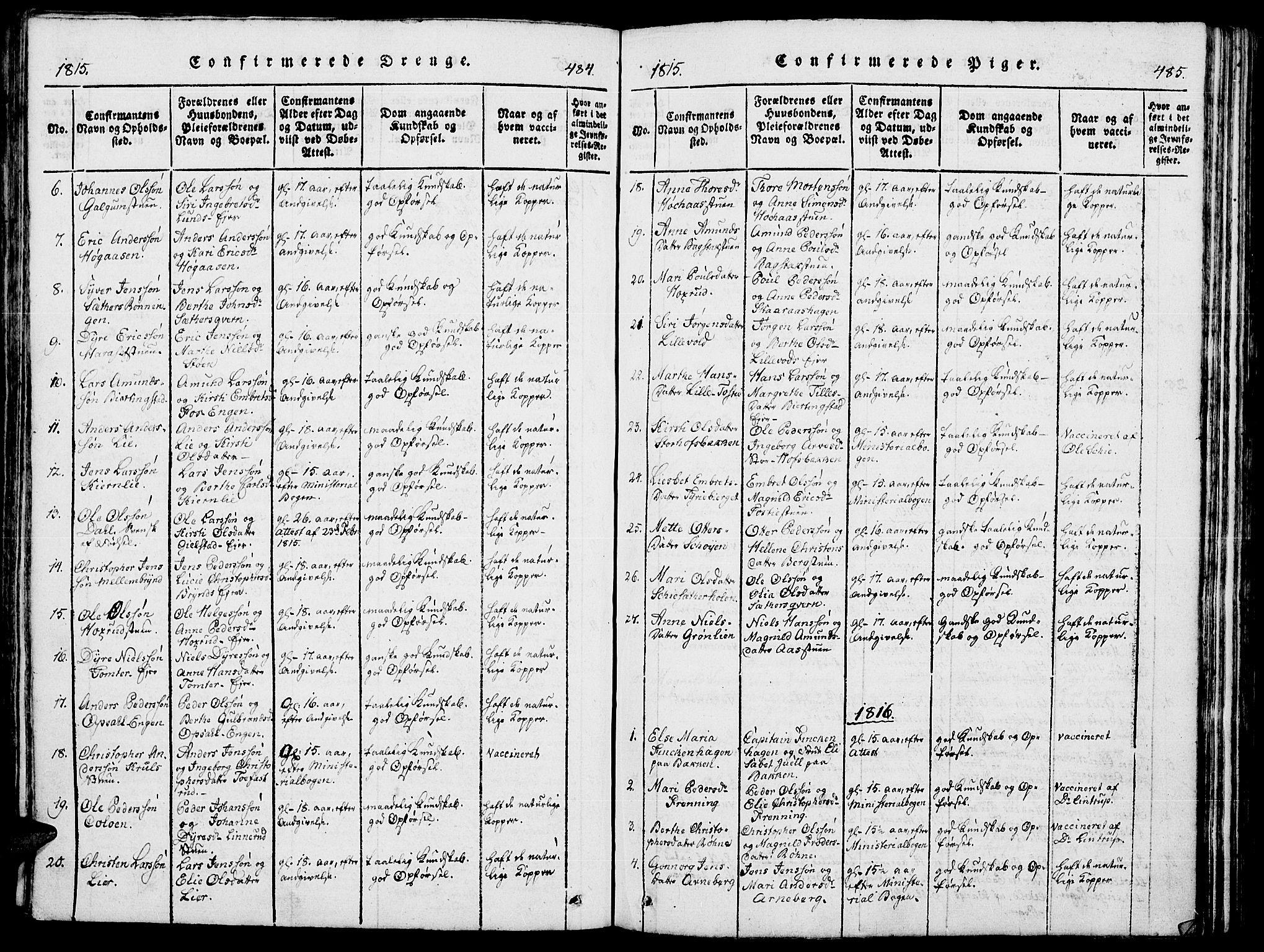 Romedal prestekontor, SAH/PREST-004/K/L0002: Parish register (official) no. 2, 1814-1828, p. 484-485