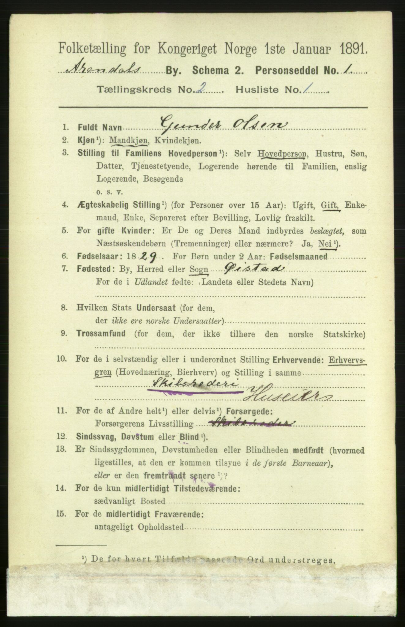 RA, 1891 census for 0903 Arendal, 1891, p. 1299