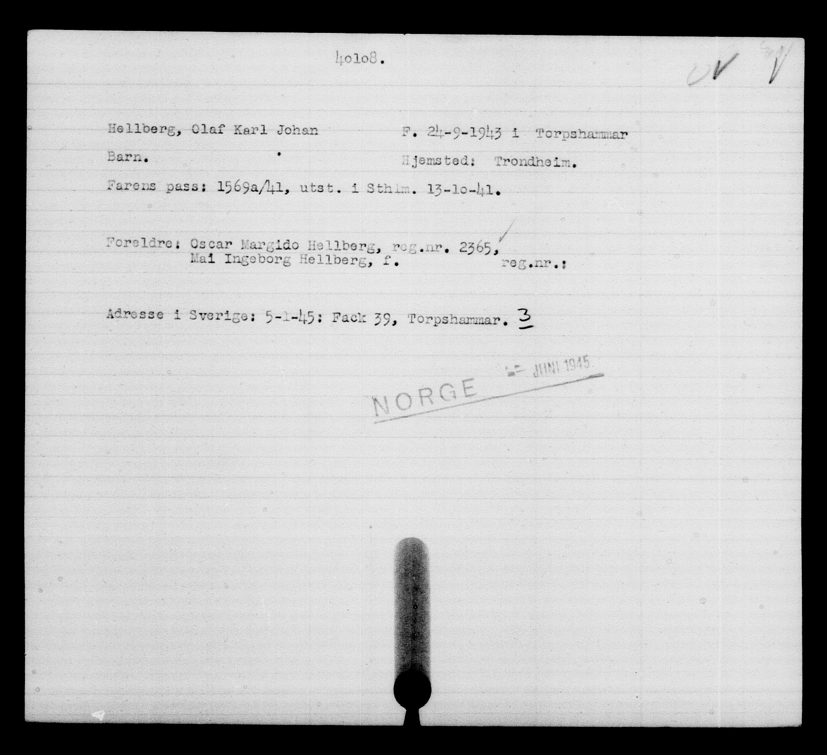 Utenriksstasjonene, Legasjonen i Stockholm, Flyktningkontoret, AV/RA-S-6753/V/Va/L0015: Kjesäterkartoteket, flyktninger med registreringsnr. 37800-40770, 1940-1945, p. 2404