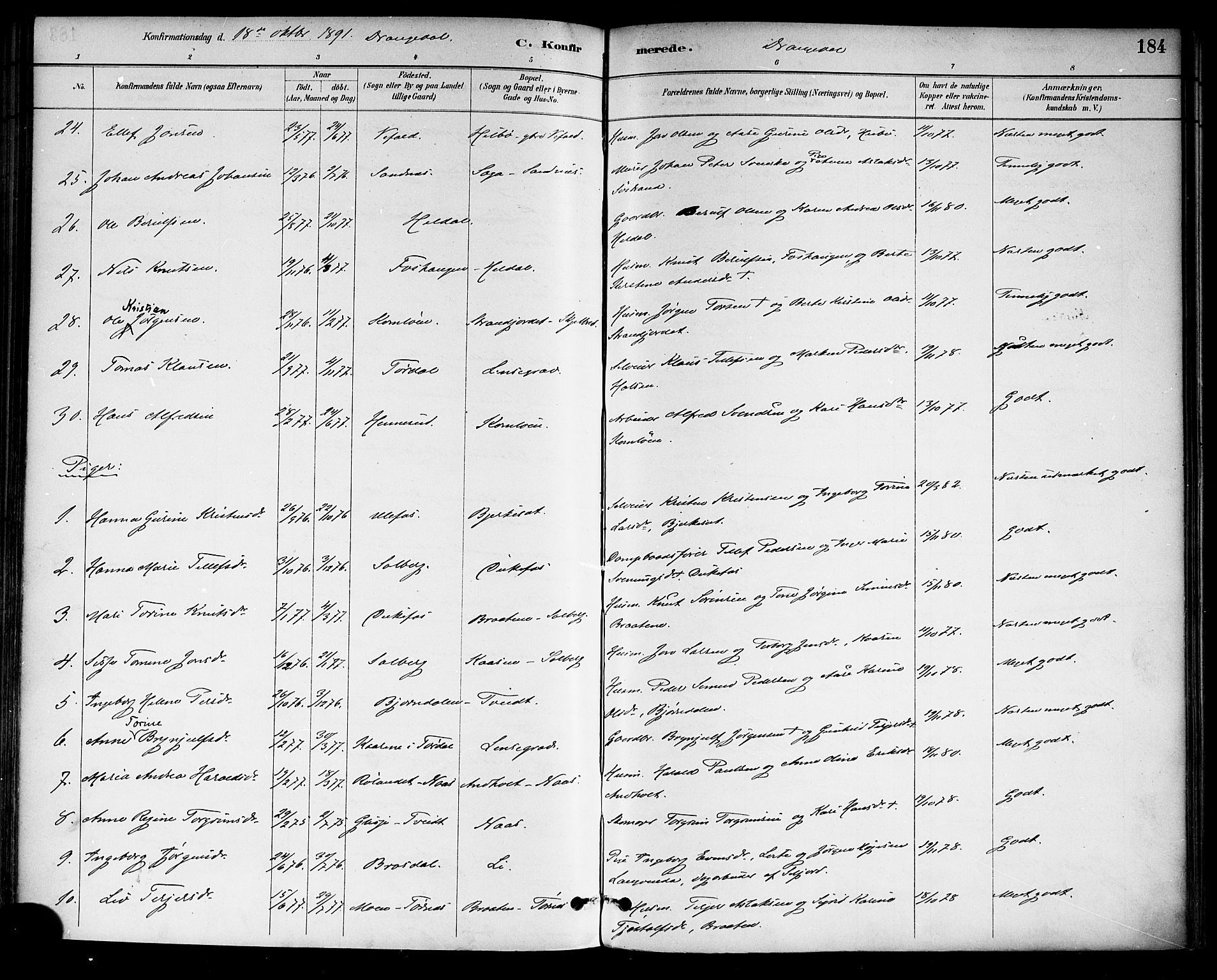 Drangedal kirkebøker, AV/SAKO-A-258/F/Fa/L0010: Parish register (official) no. 10 /1, 1885-1894, p. 184