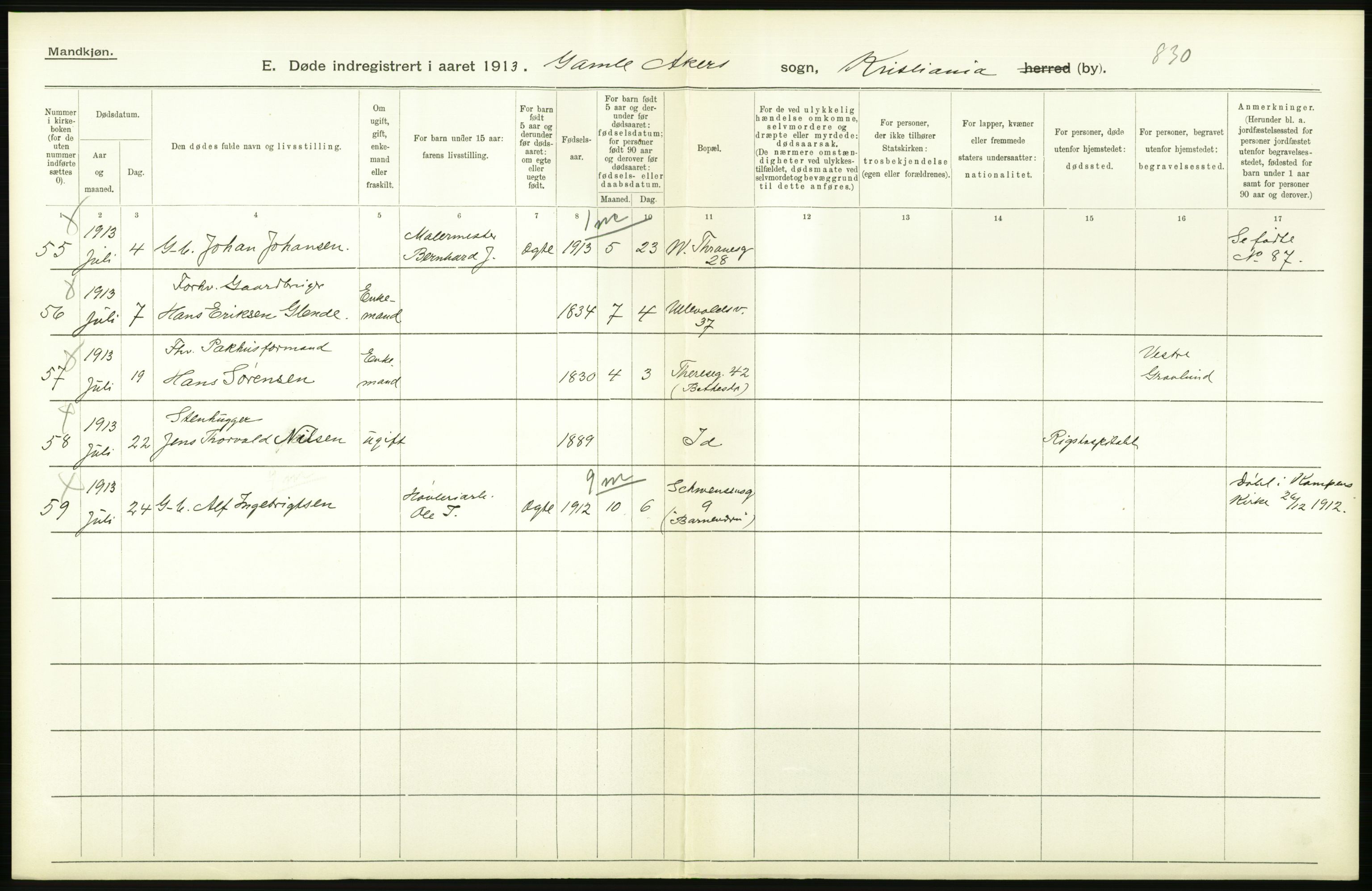 Statistisk sentralbyrå, Sosiodemografiske emner, Befolkning, RA/S-2228/D/Df/Dfb/Dfbc/L0009: Kristiania: Døde., 1913, p. 144