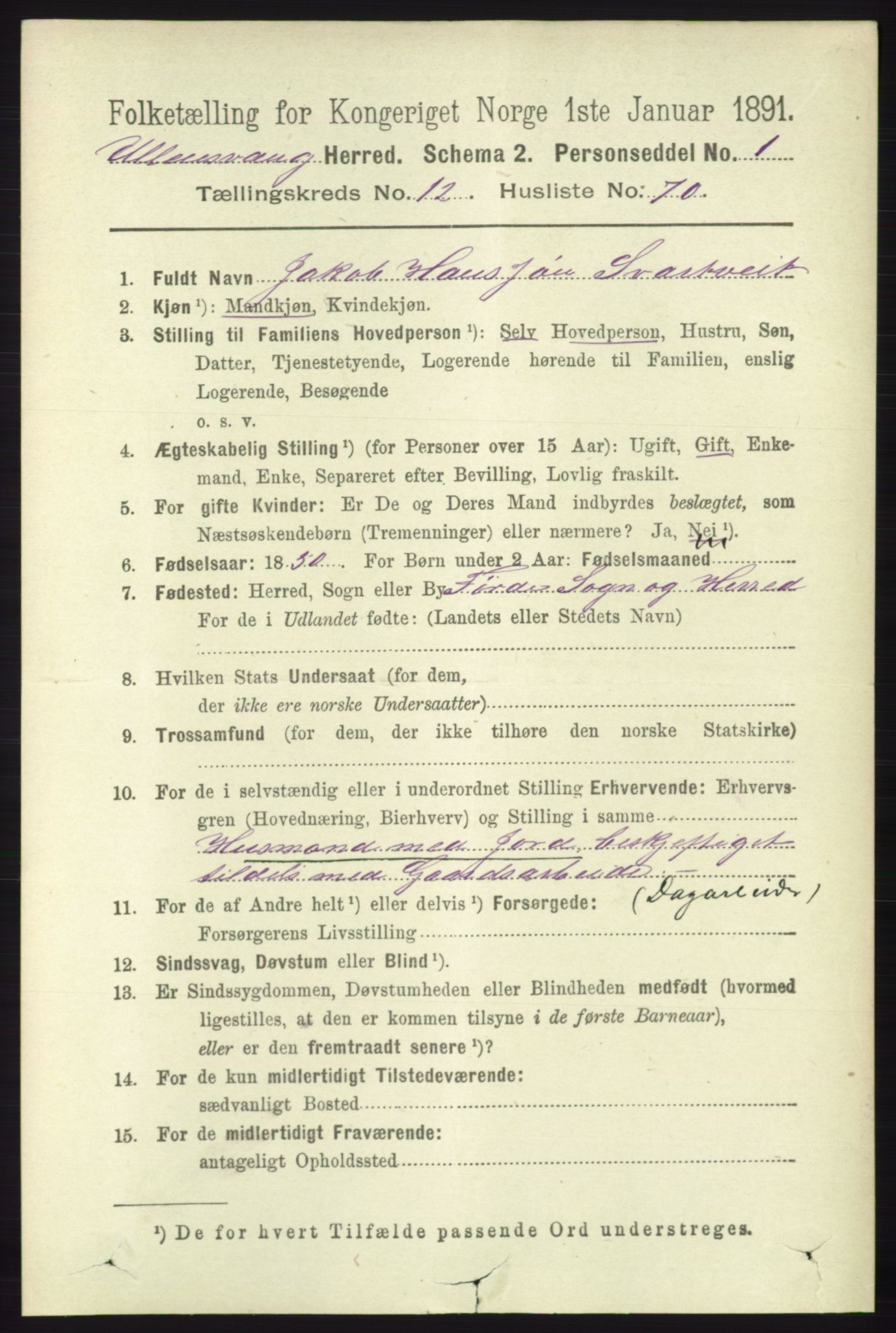 RA, 1891 census for 1230 Ullensvang, 1891, p. 5015