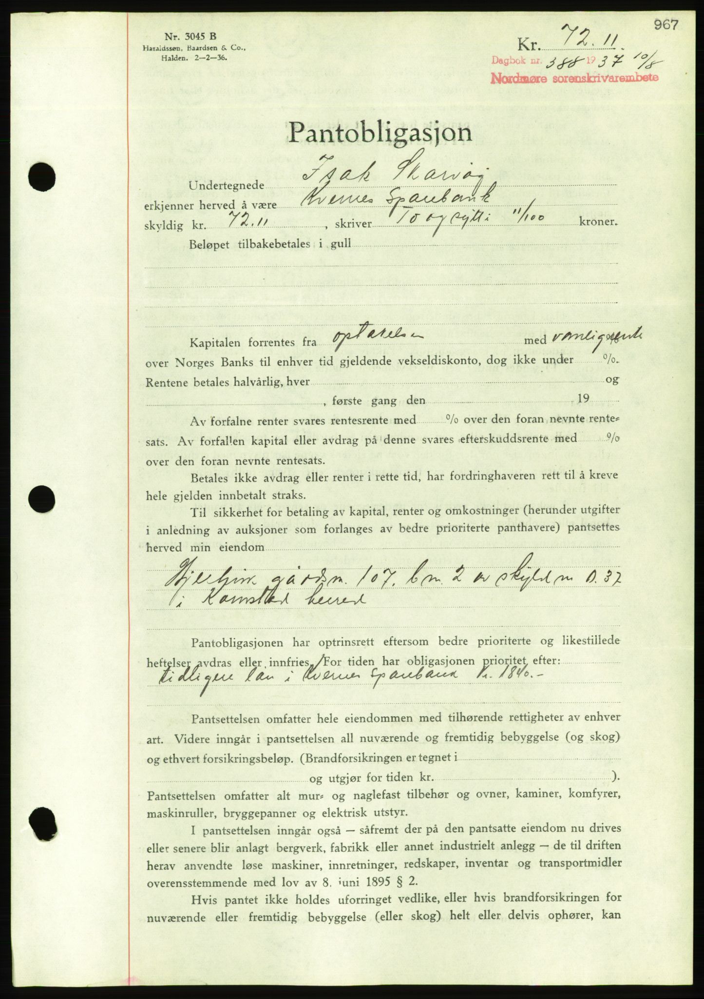 Nordmøre sorenskriveri, AV/SAT-A-4132/1/2/2Ca/L0090: Mortgage book no. B80, 1936-1937, Diary no: : 388/1937