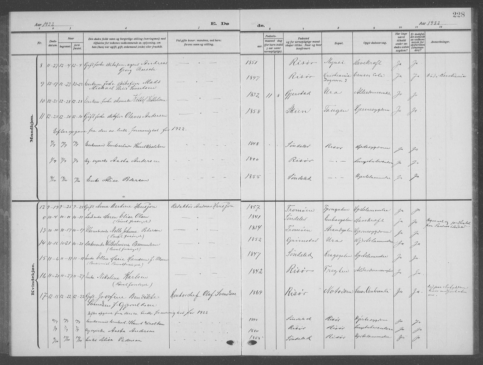 Risør sokneprestkontor, SAK/1111-0035/F/Fb/L0009: Parish register (copy) no. B 9, 1922-1939, p. 228